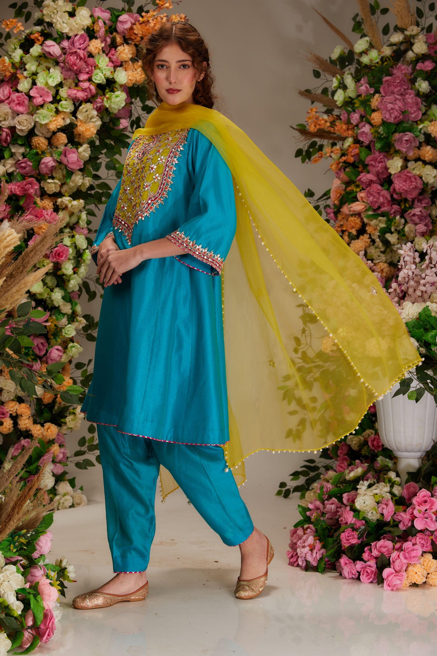 Turquoise Chanderi Short Kalidar Kurta set - Preeti s kapoor