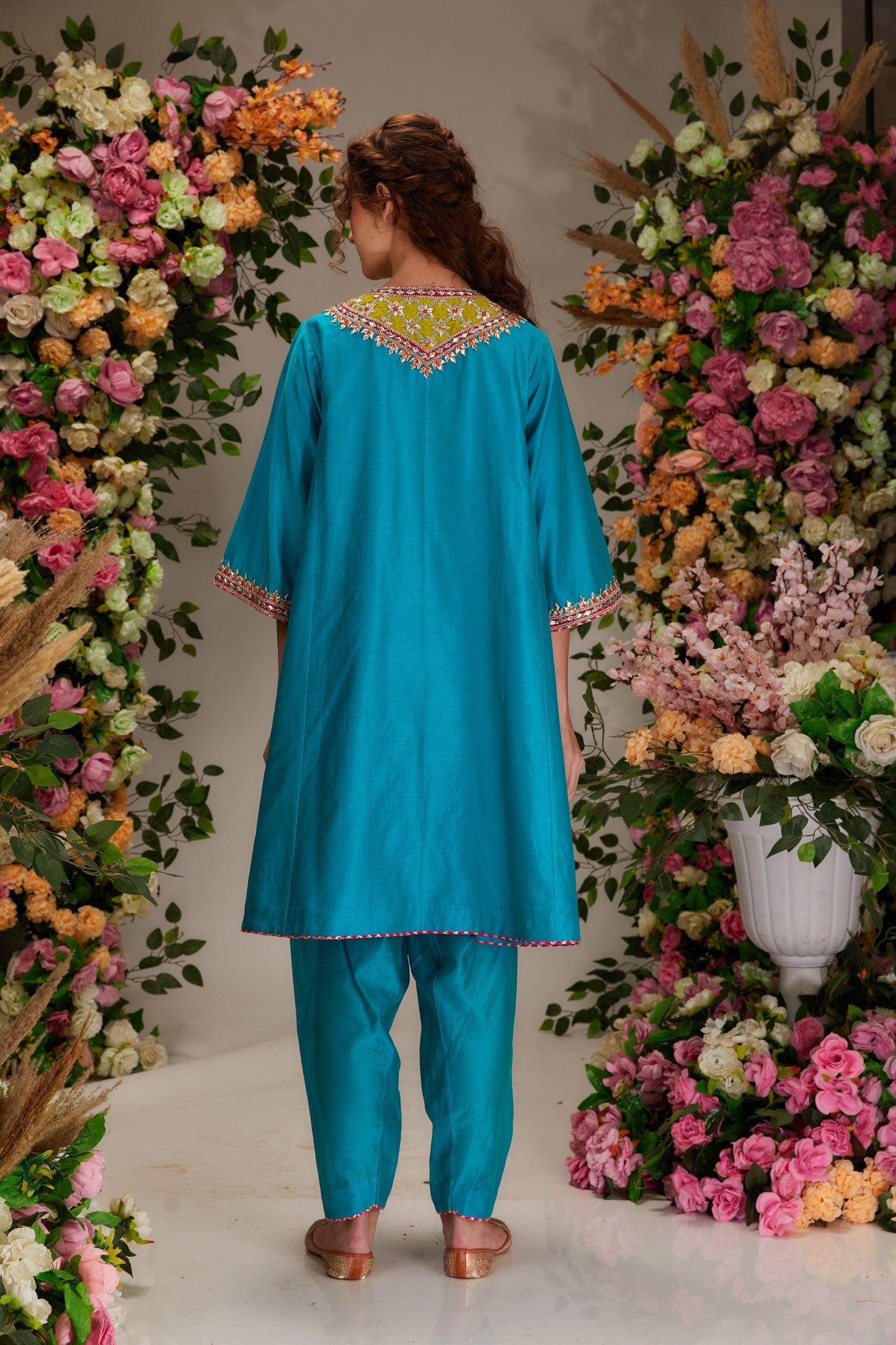 Turquoise Chanderi Short Kalidar Kurta set - Preeti s kapoor