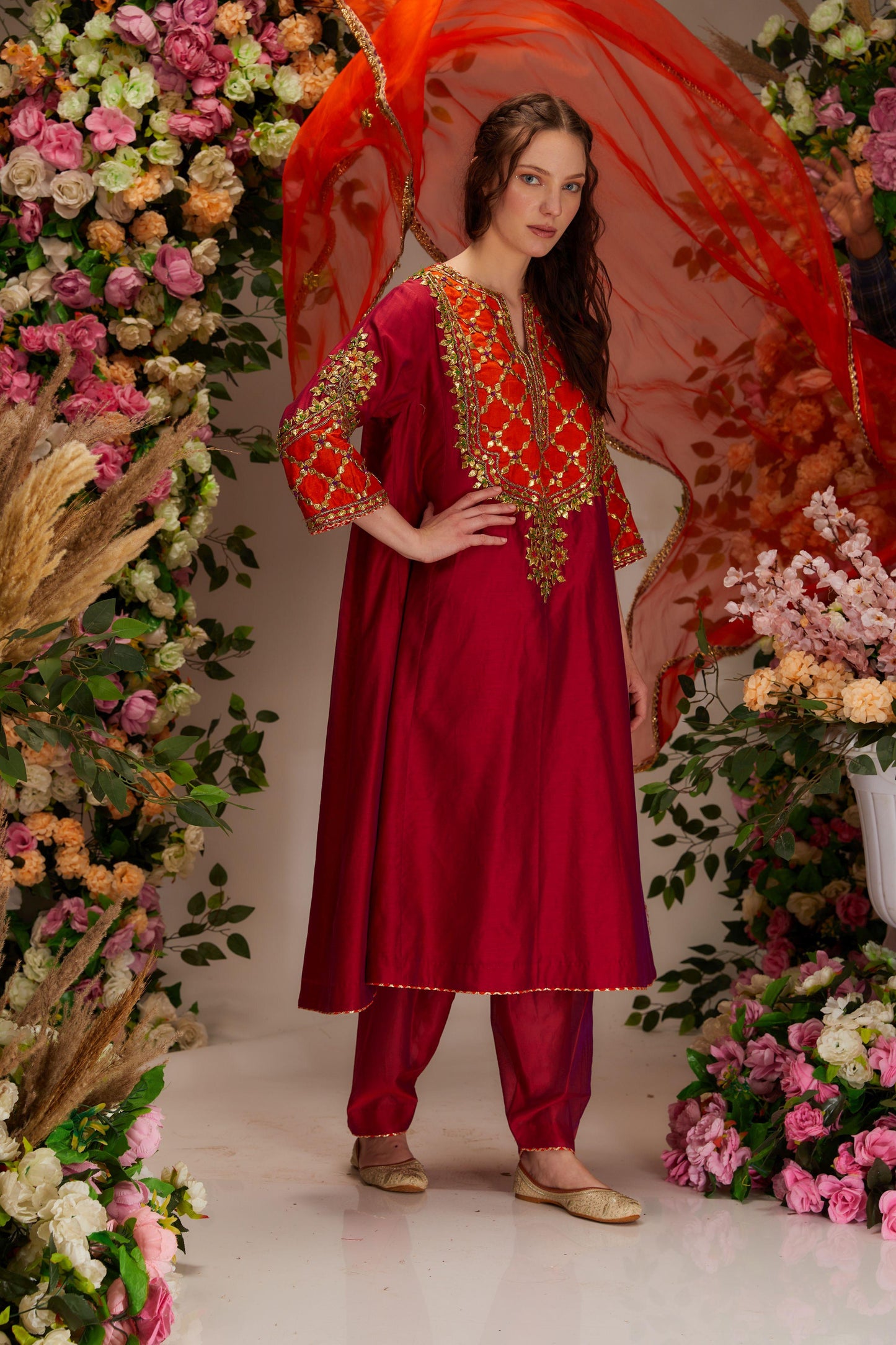 Fushia Chanderi Short Kalidar Kurta set - Preeti s kapoor