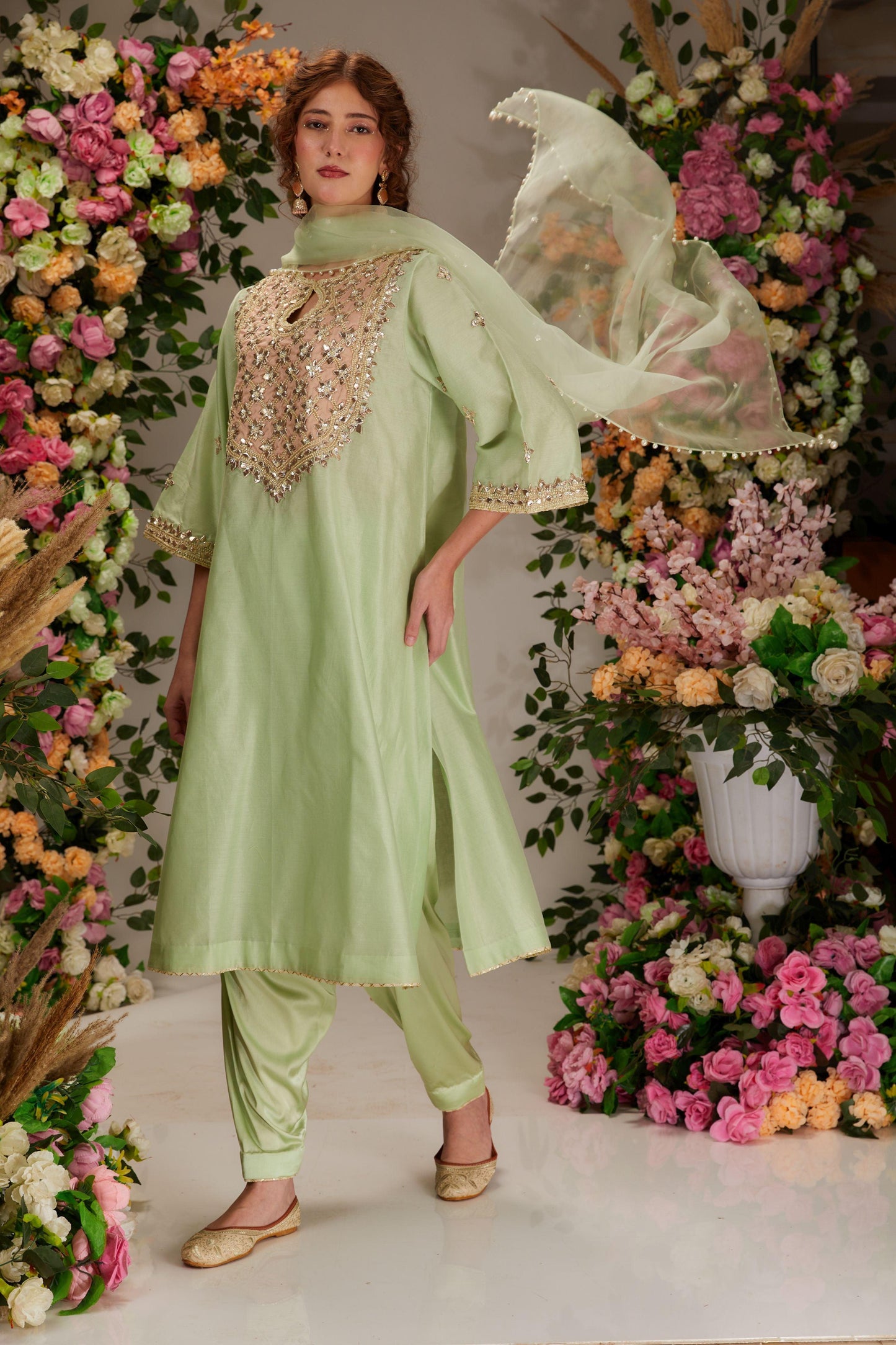 Pista Green Chanderi Long a-line Kurta set - Preeti s kapoor