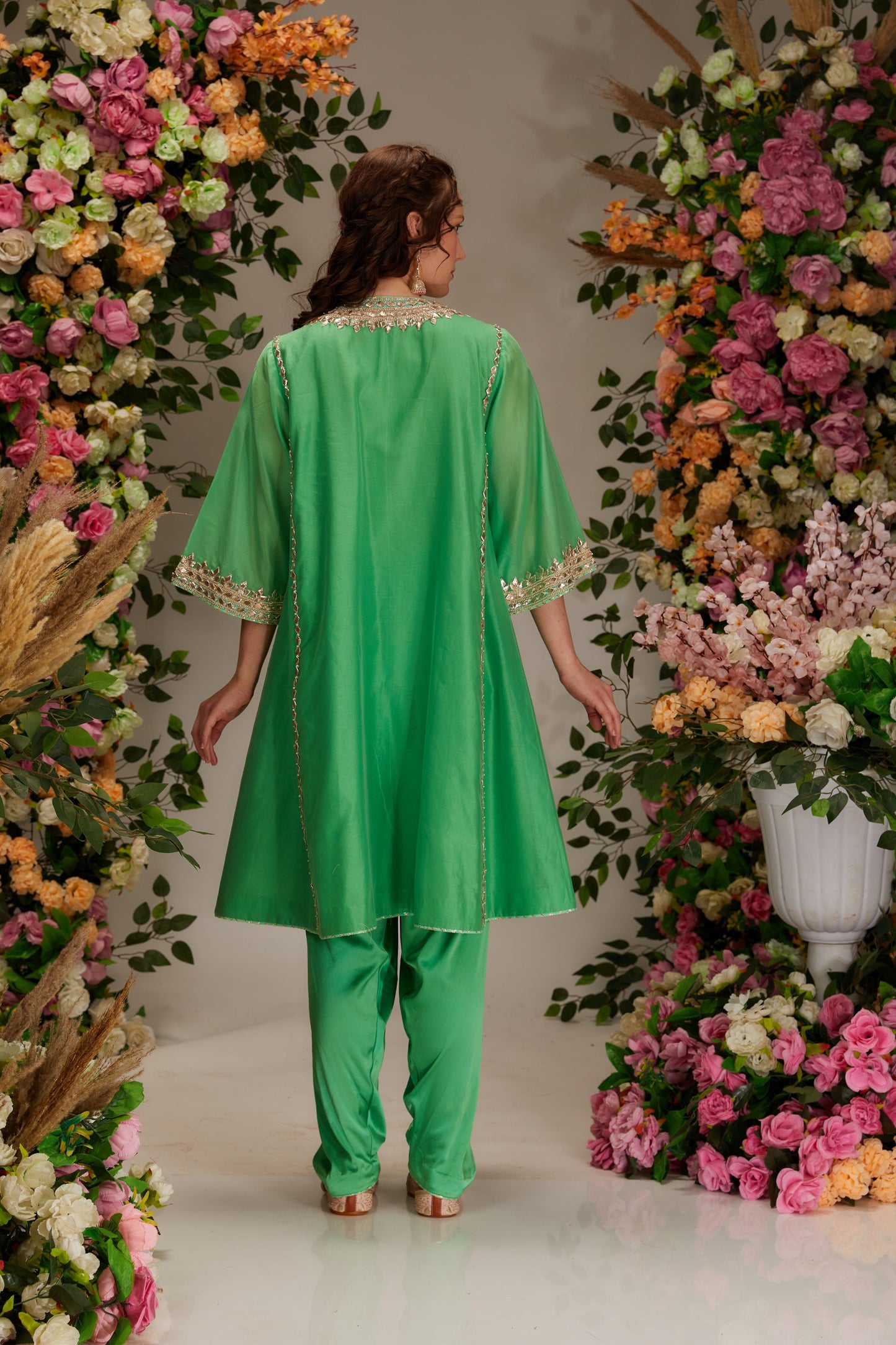 Green Chanderi Short A-line Kurta set - Preeti s kapoor