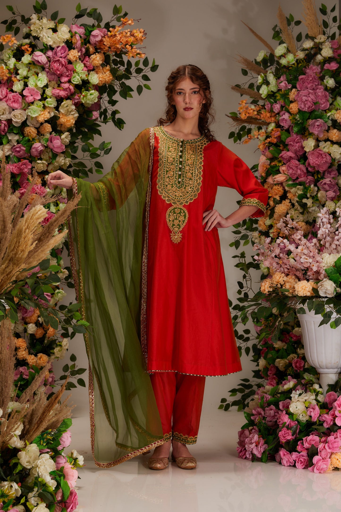 Deep Orange Chanderi Long Kalidar Kurta set - Preeti s kapoor