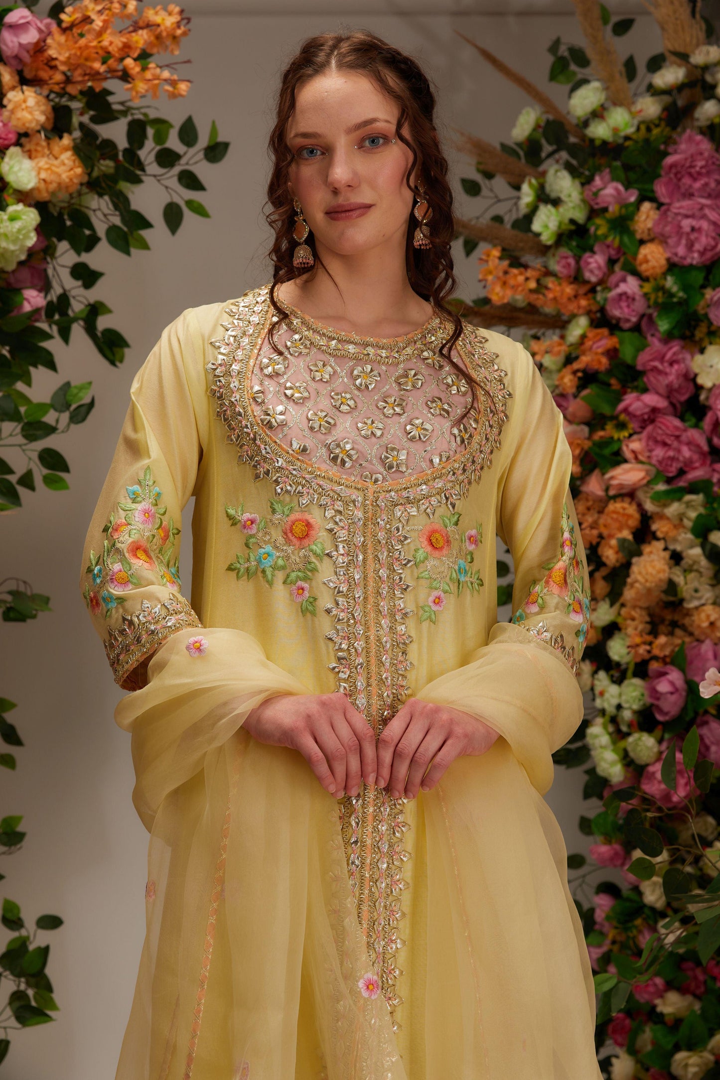 Light Yellow Chanderi short Front open kurta set - Preeti s kapoor