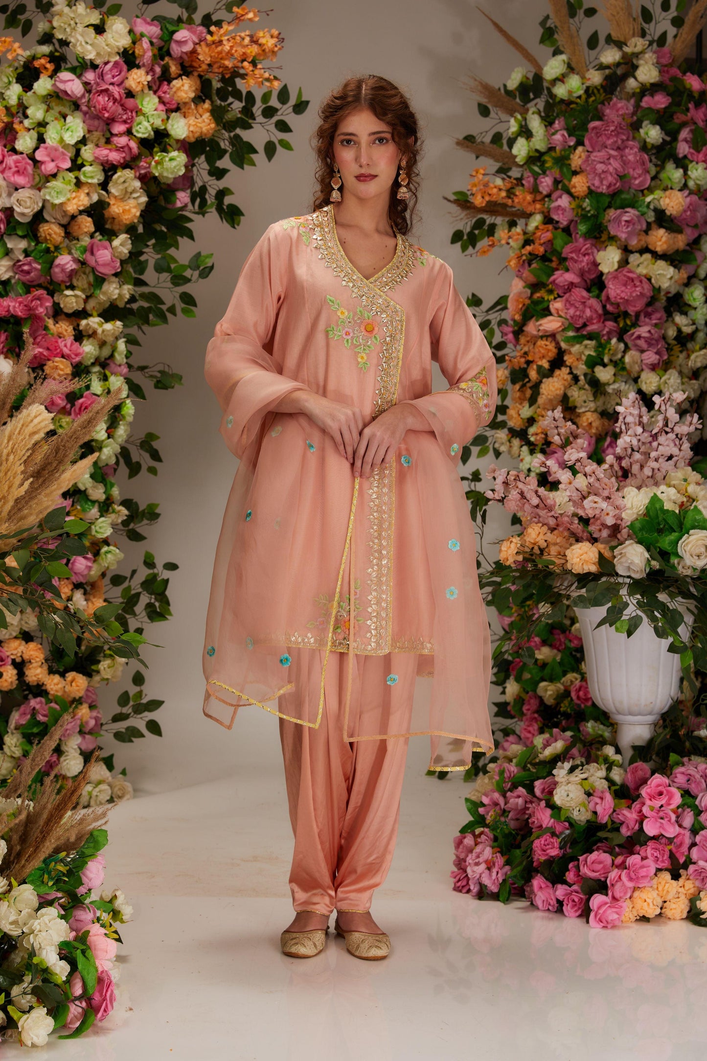 Peachy Pink Chanderi Long Angrakha set - Preeti s kapoor