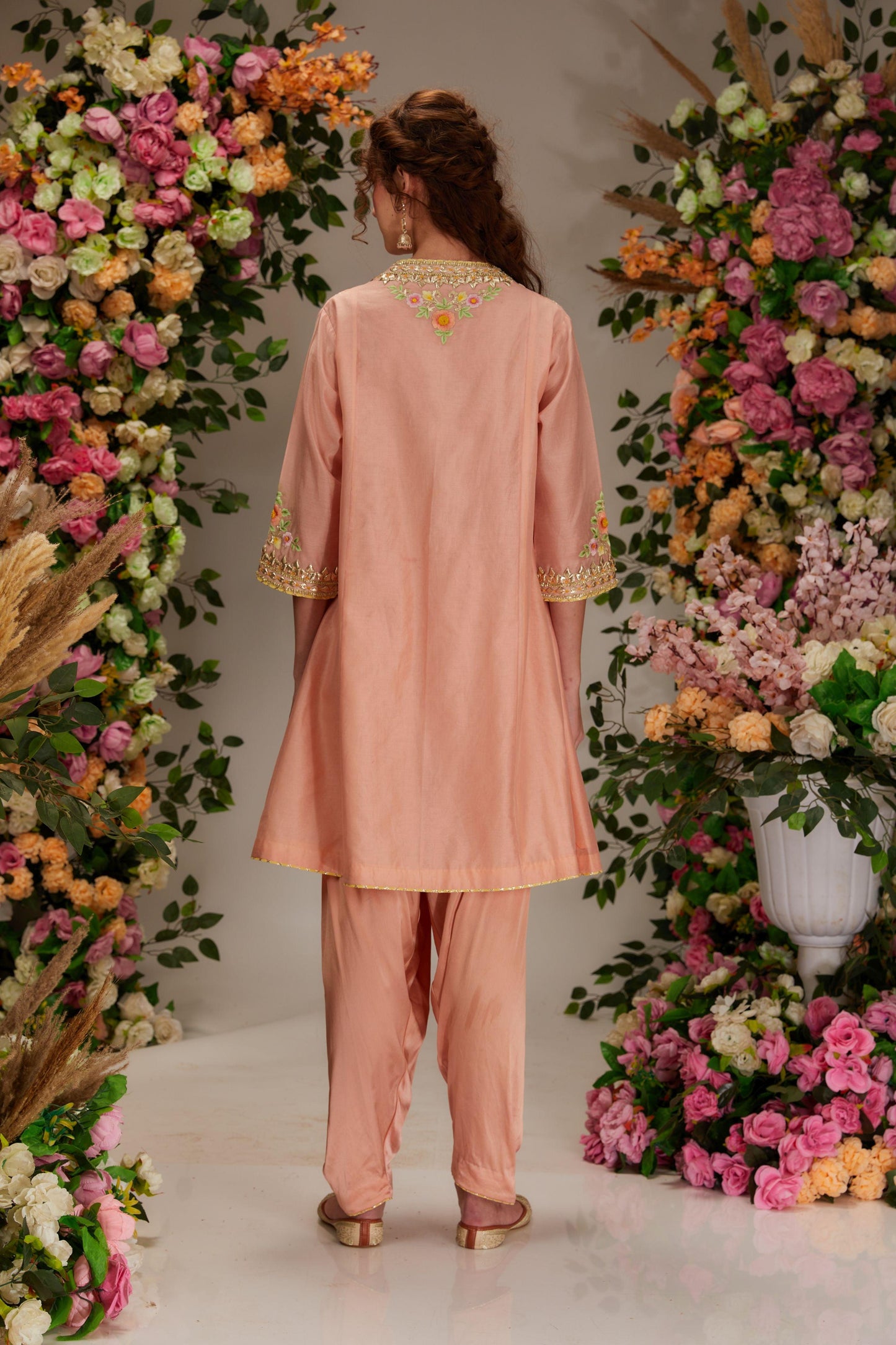 Peachy Pink Chanderi Long Angrakha set - Preeti s kapoor