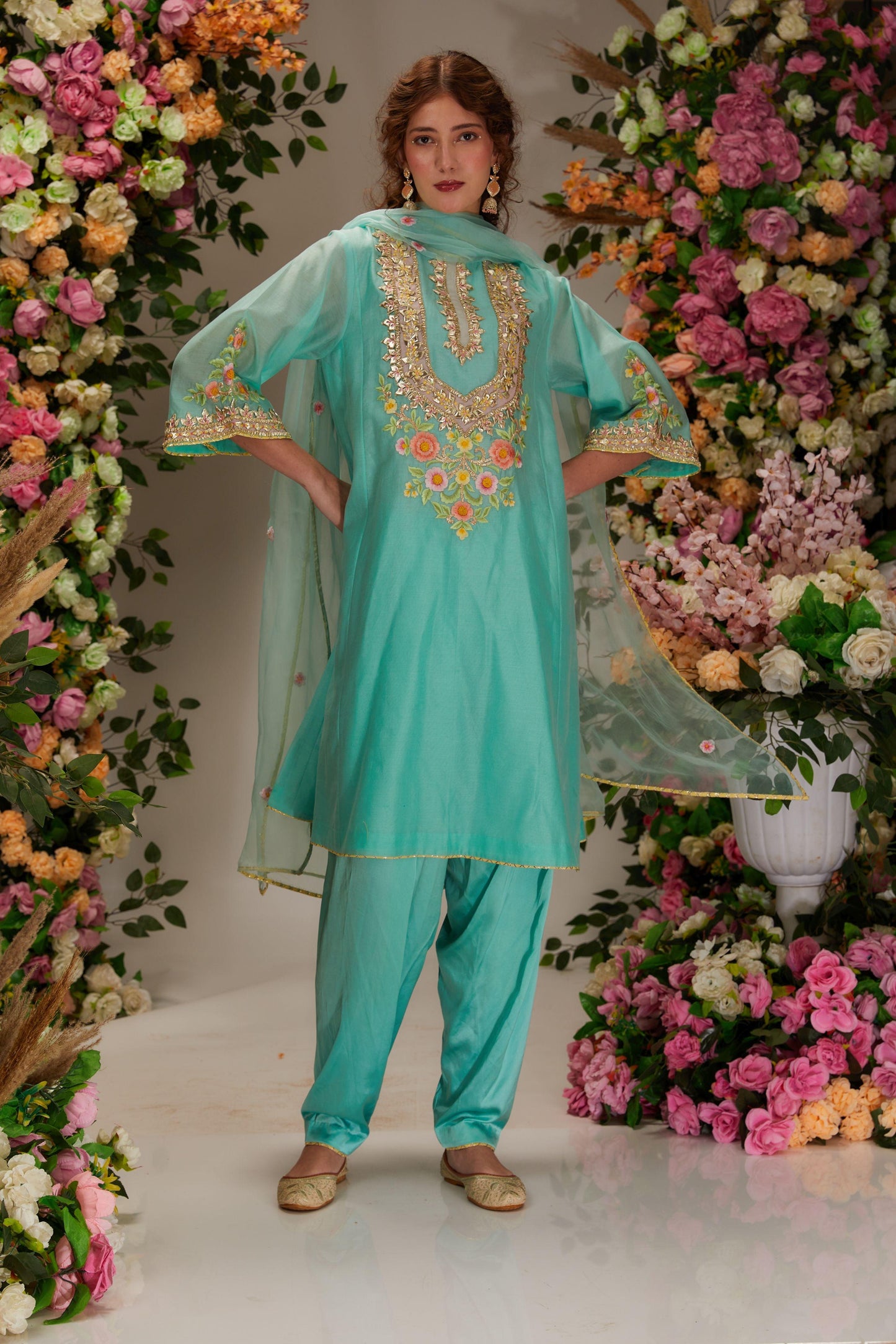 Turquoise Chanderi Short Kalidar Kurta set - Preeti s kapoor