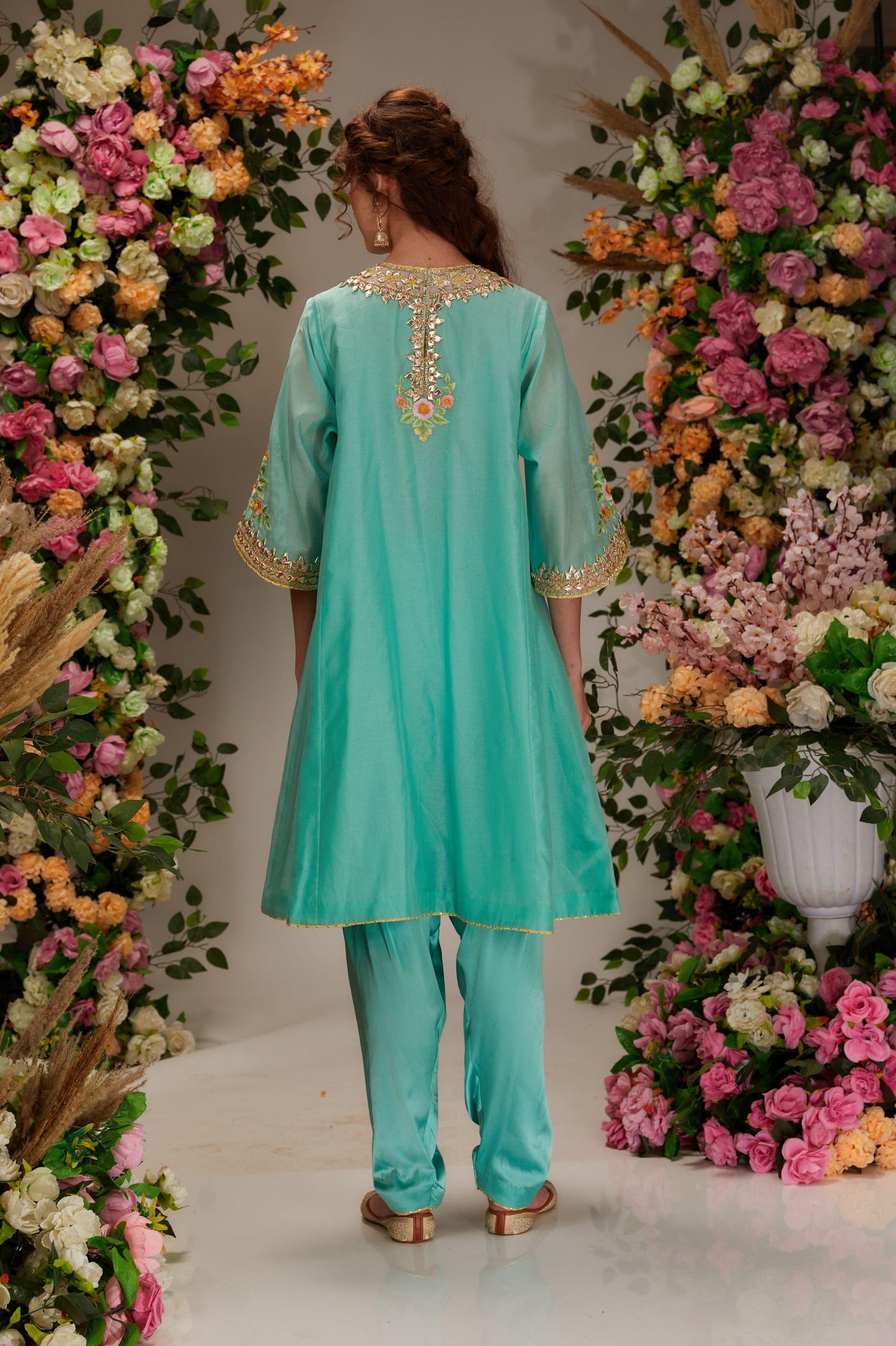 Turquoise Chanderi Short Kalidar Kurta set - Preeti s kapoor