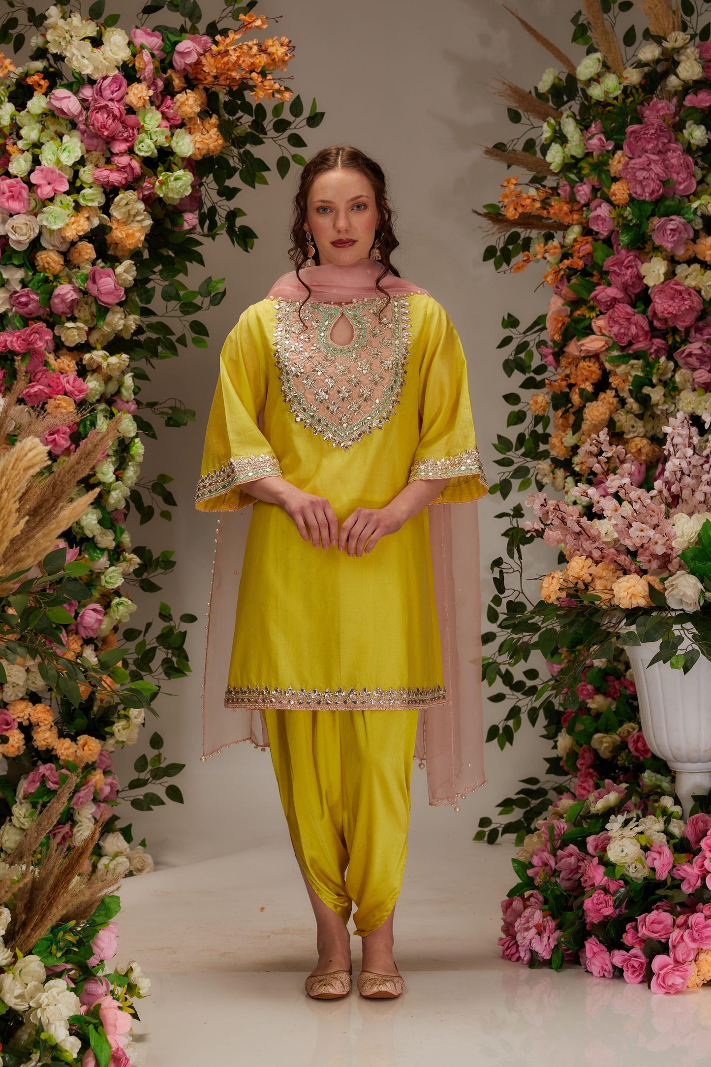 Yellow Chanderi Short A-line Kurta set - Preeti s kapoor