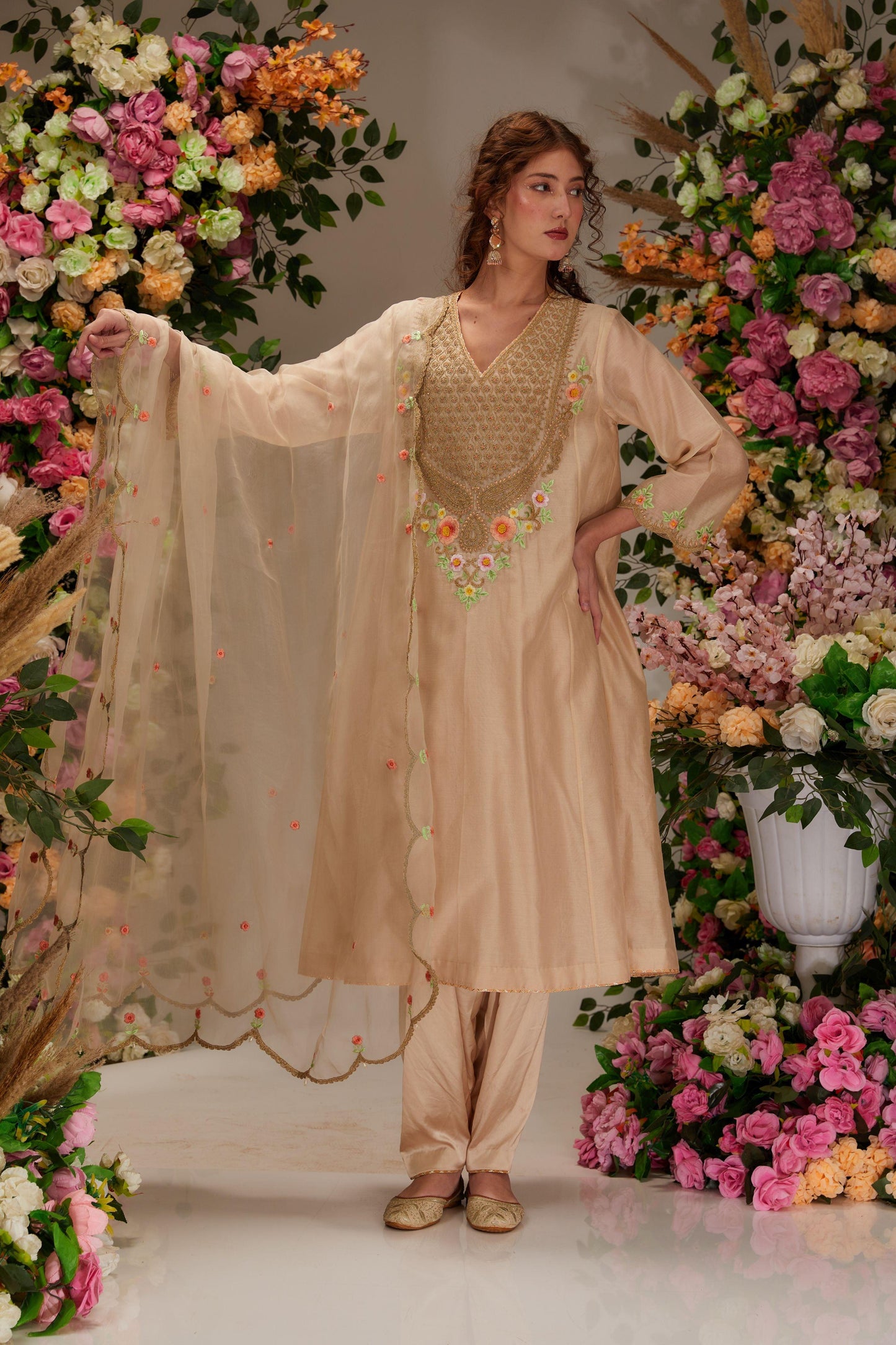 Beige Chanderi Long kalidar Kurta set - Preeti s kapoor