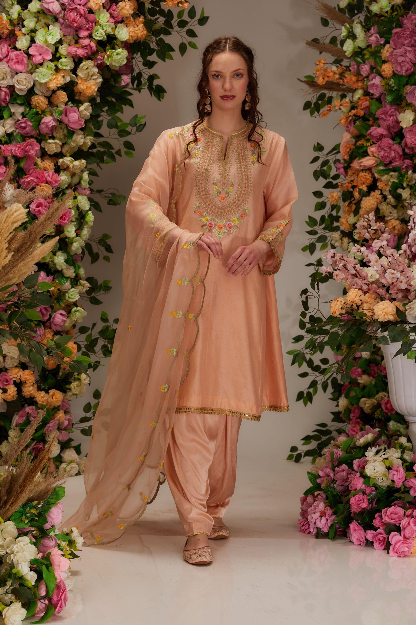 Light Peach Chanderi Kalidar Kurta set - Preeti s kapoor