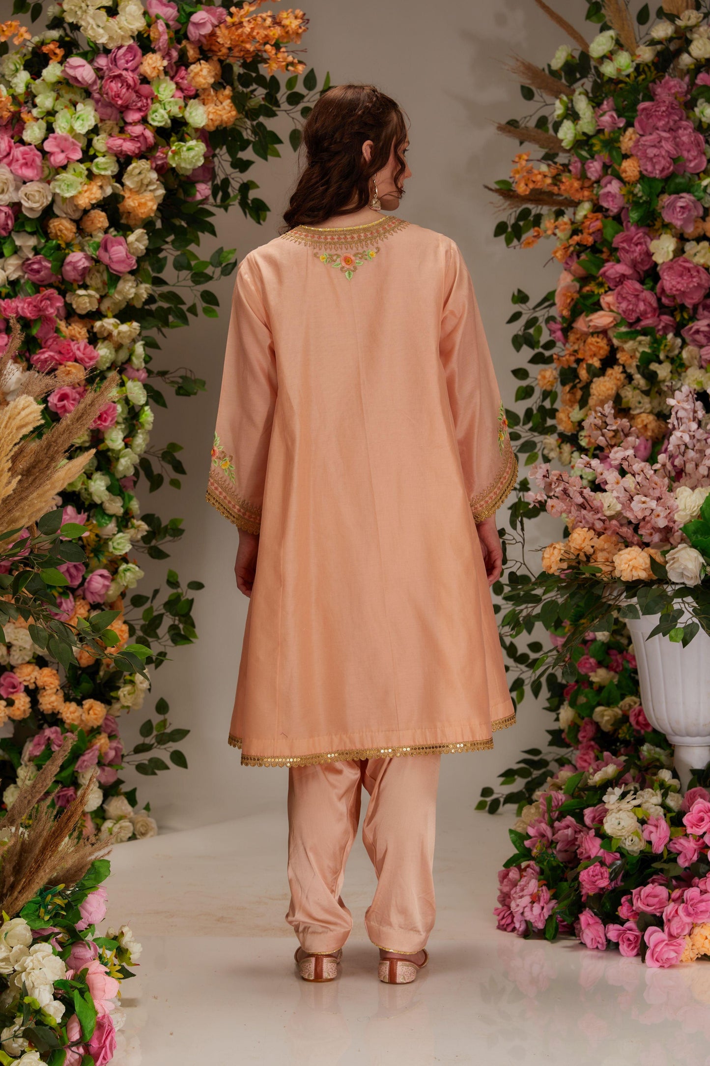 Light Peach Chanderi Kalidar Kurta set - Preeti s kapoor