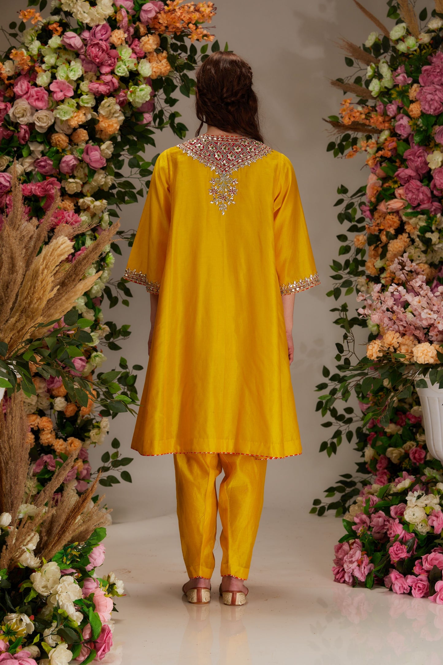 chanderi Yellow Short Kalidar Kurta set - Preeti s kapoor