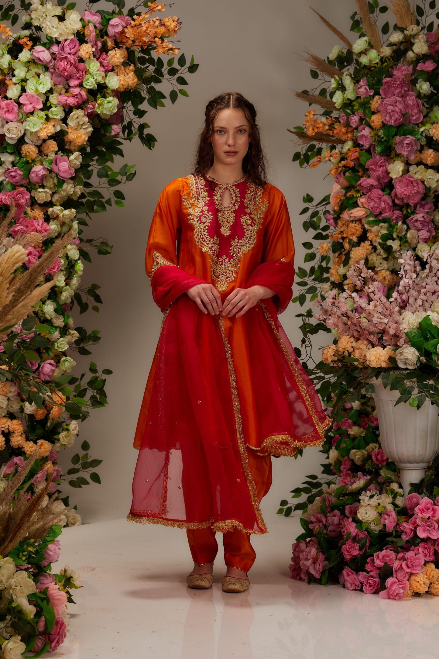 Orange Chanderi Long Kalidar Kurta set - Preeti s kapoor