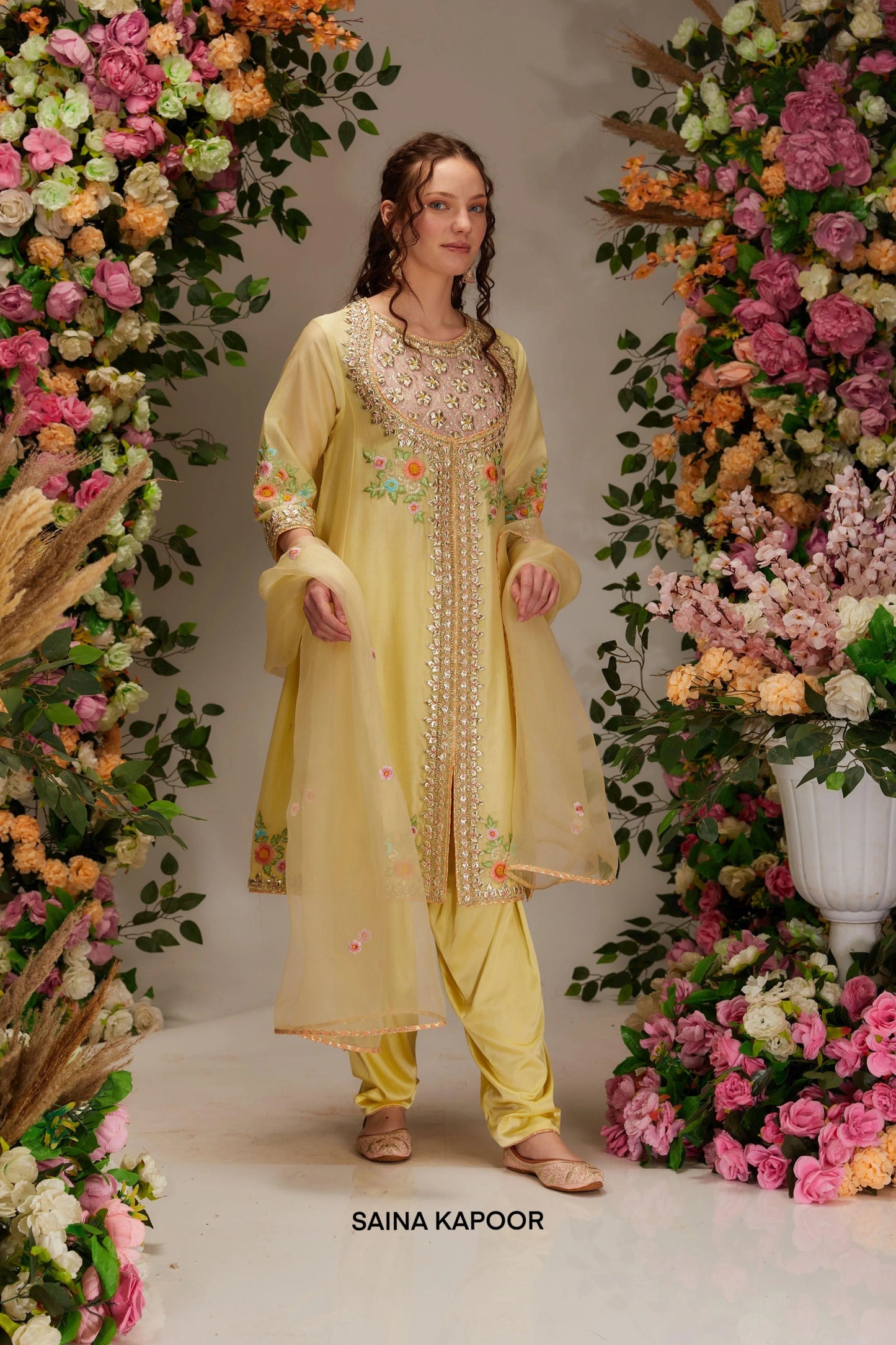 Light yellow Chanderi front open salwar suit with gota mirror yoke & resham floral motifs — Saina Kapoor