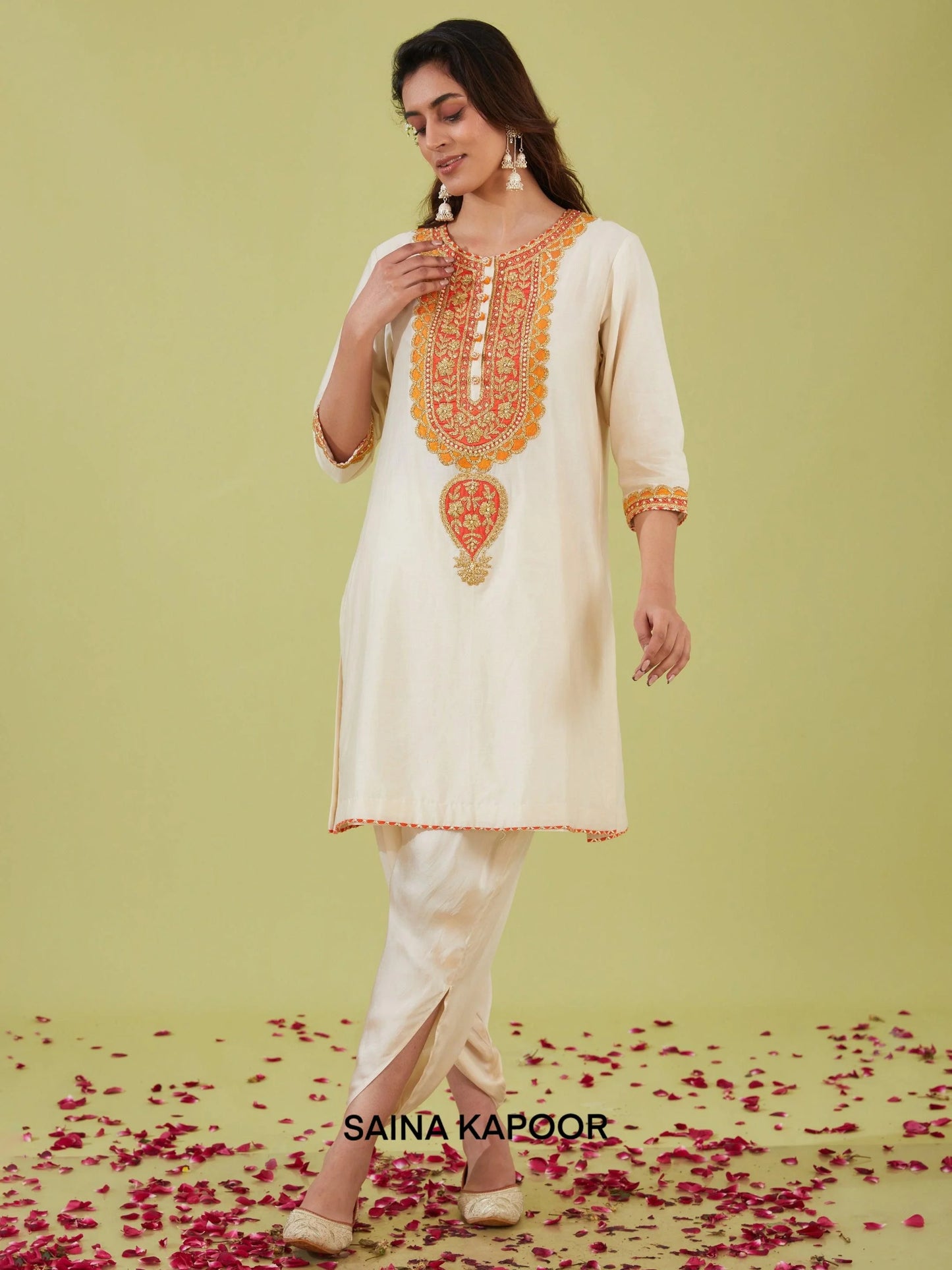 Ivory A-line short kurta with coral orange zari nakshi gota embroidered neckline & samosa pants — Saina Kapoor
