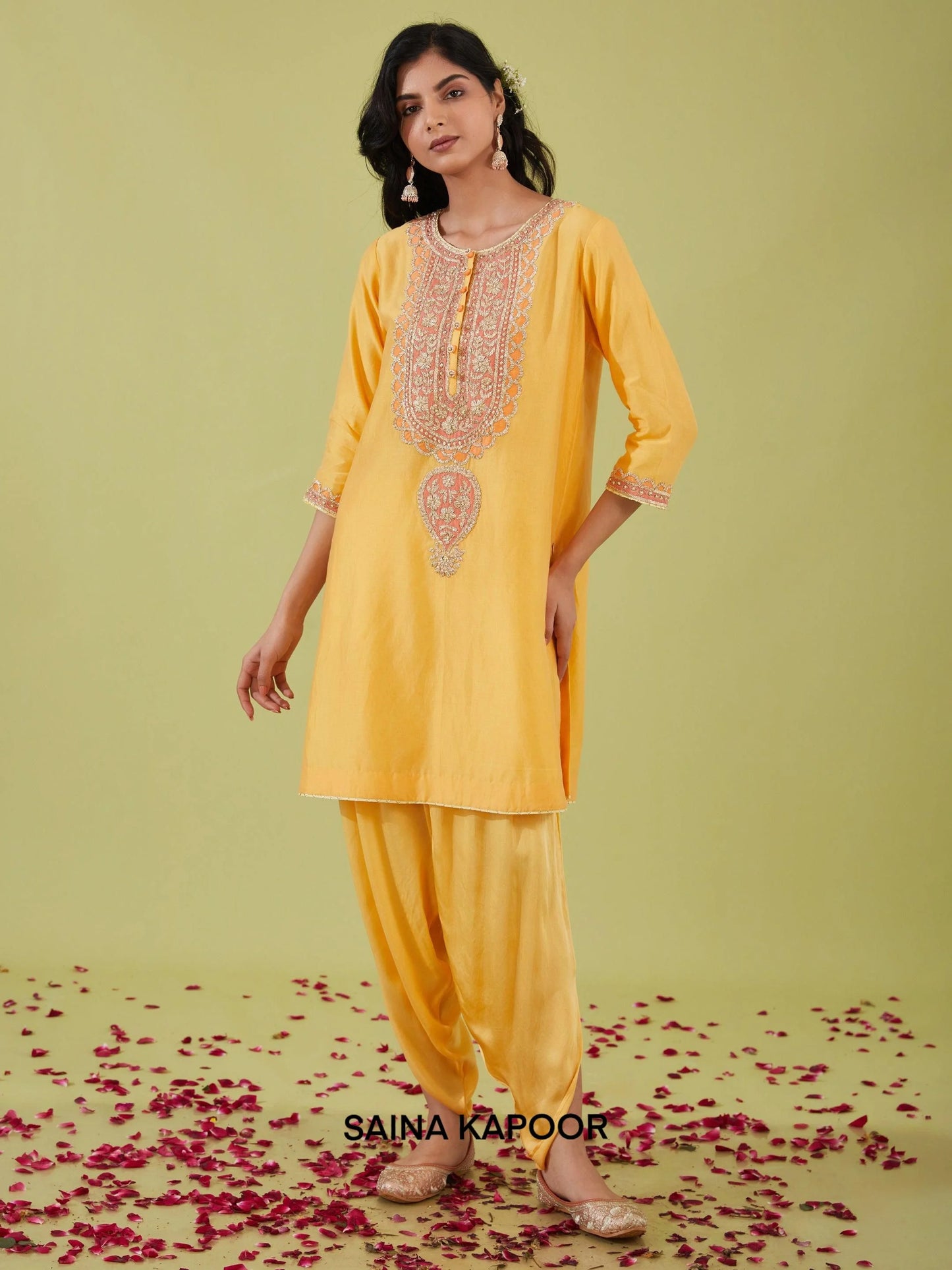 Yellow A-line short kurta with coral zari nakshi gota embroidered neckline & samosa pants — Saina Kapoor