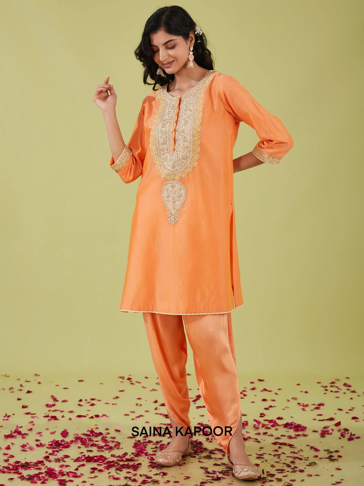 Peach A-line short kurta with zari nakshi gota embroidered neckline & samosa pants — Saina Kapoor