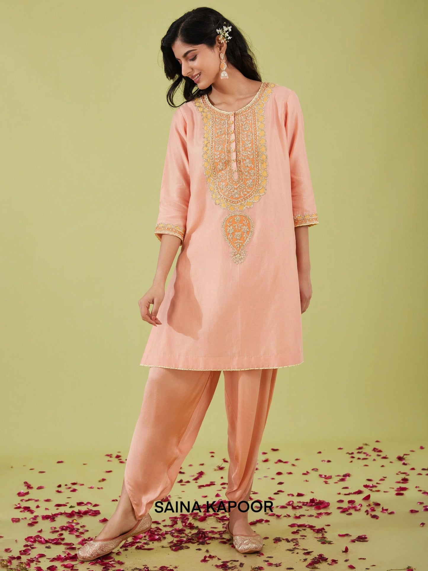 Peach pink A-line short kurta with zari nakshi gota embroidered neckline & samosa pants — Saina Kapoor