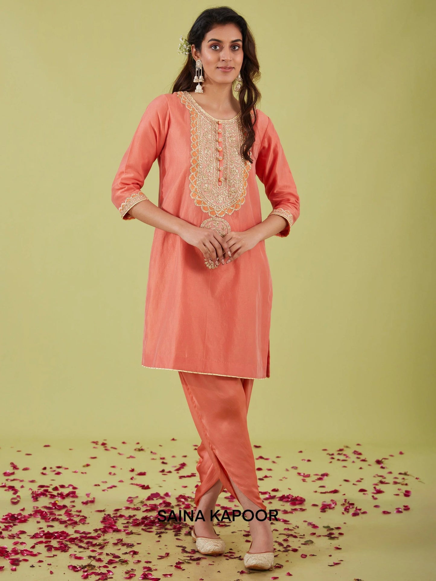 Rust pink A-line short kurta with zari nakshi gota embroidered neckline & samosa pants — Saina Kapoor
