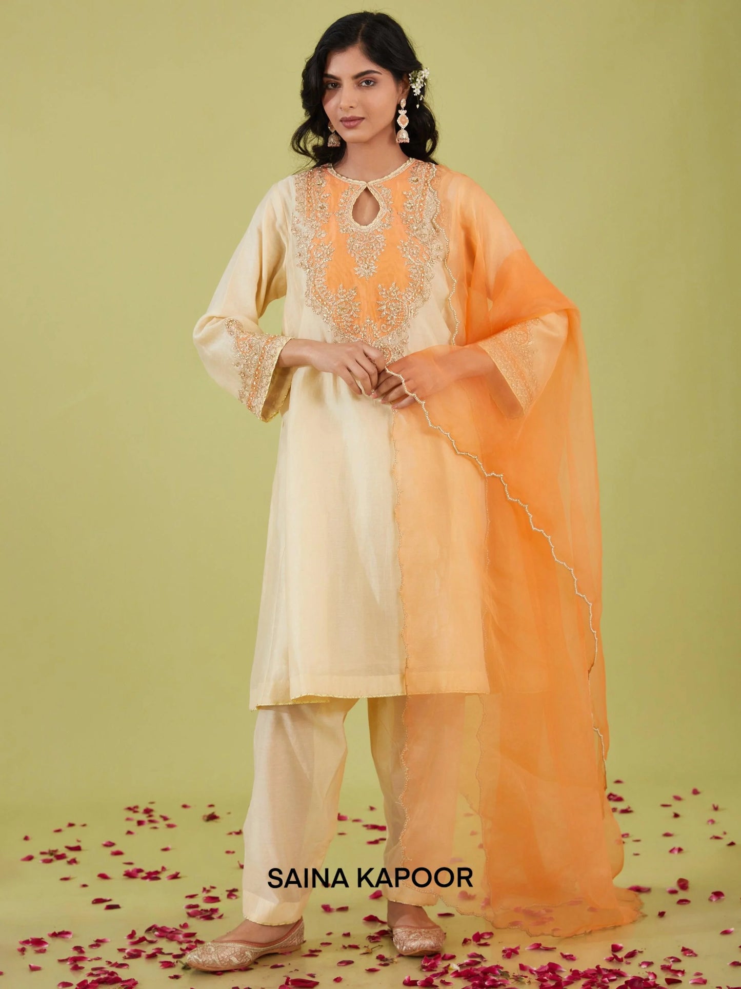 Ivory kalidar Chanderi salwar suit with zari nakshi embroidered neckline & peach organza dupatta — Saina Kapoor