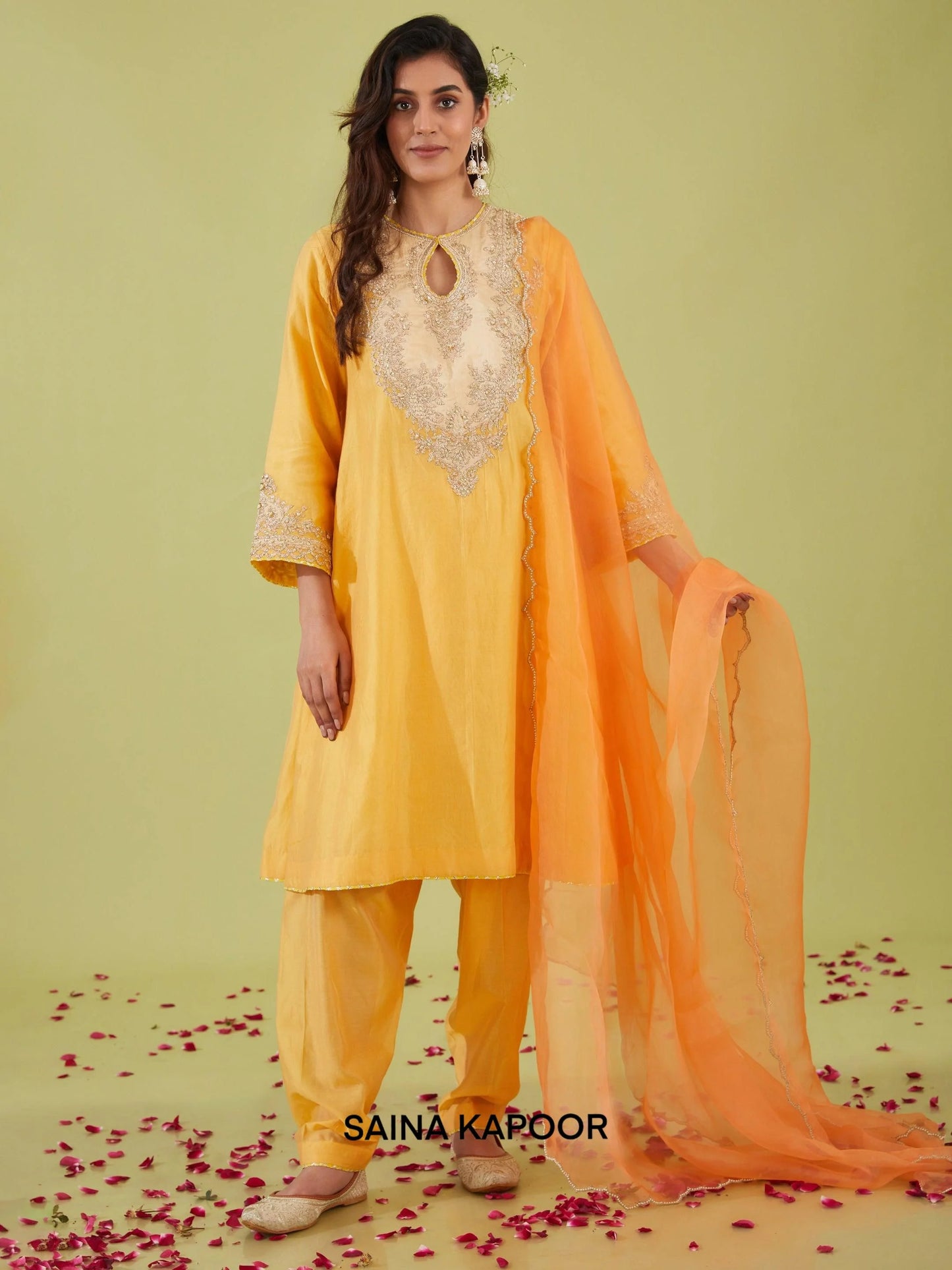 Yellow kalidar Chanderi salwar suit with zari nakshi embroidered neckline & peach organza dupatta — Saina Kapoor