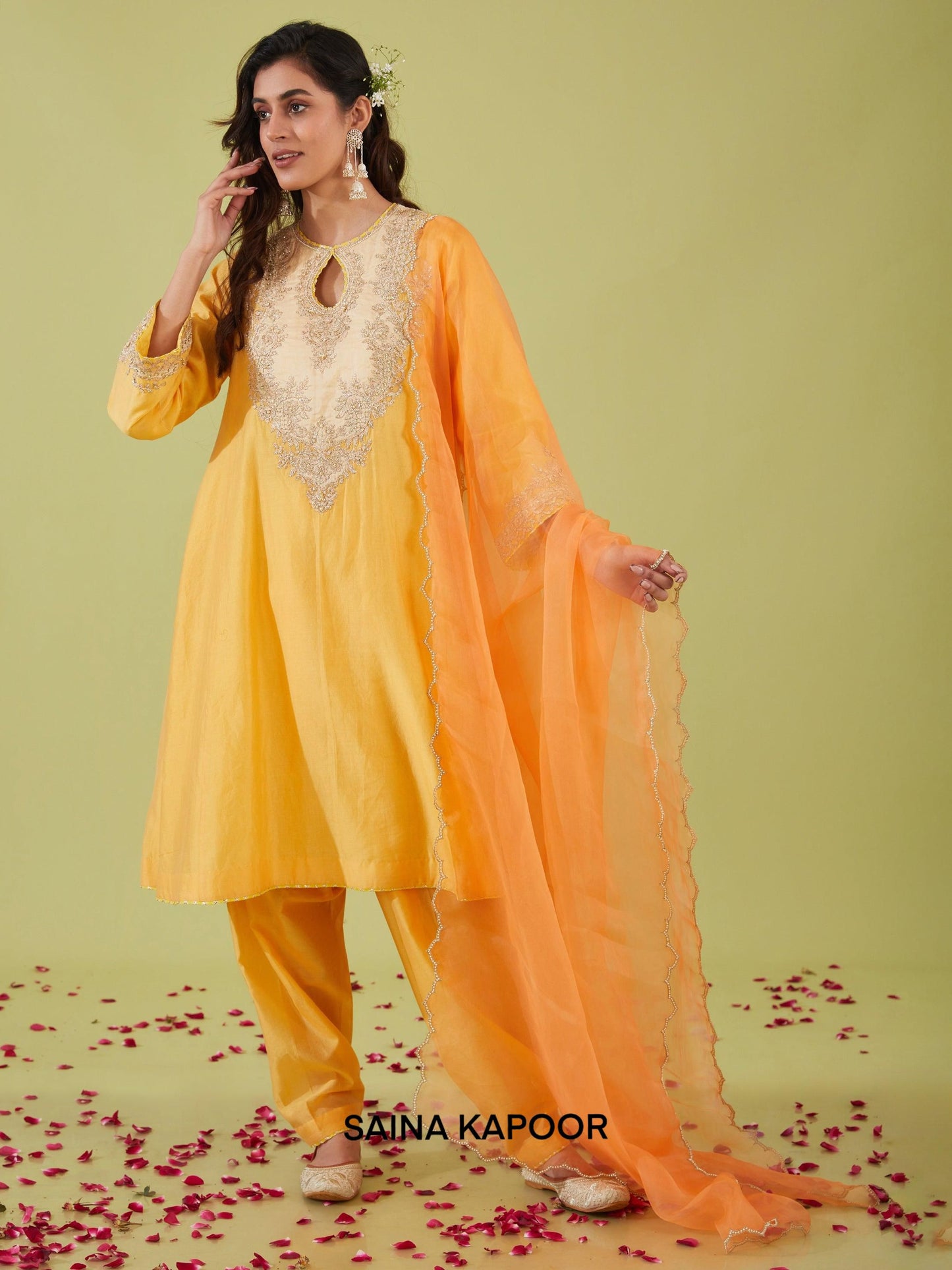 YELLOW SHORT KALIDAR KURTA WITH SALWAR AND PEACH DUPATTA - SAINA KAPOOR