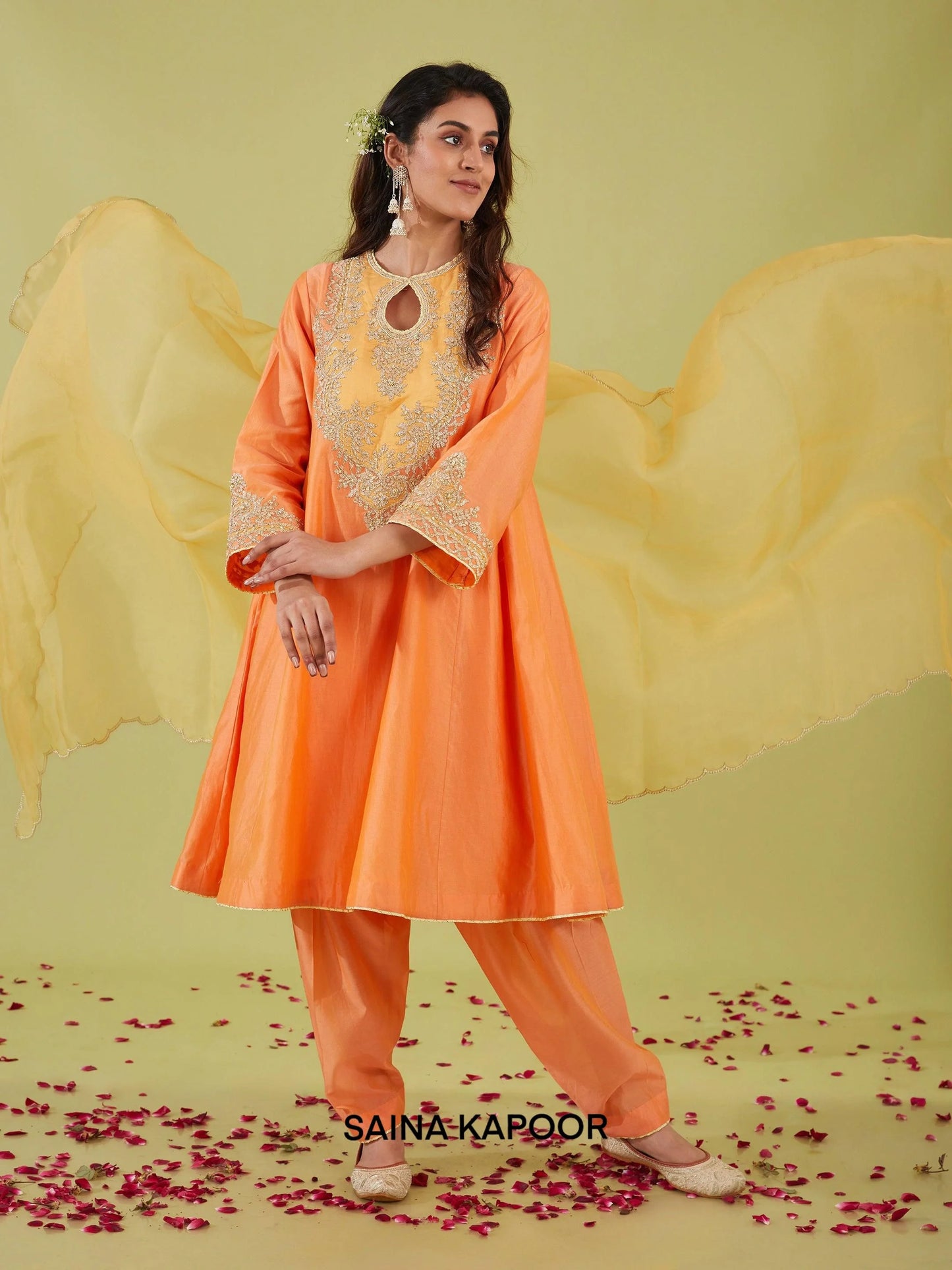 Peach kalidar Chanderi salwar suit with zari nakshi embroidered neckline & yellow organza dupatta — Saina Kapoor