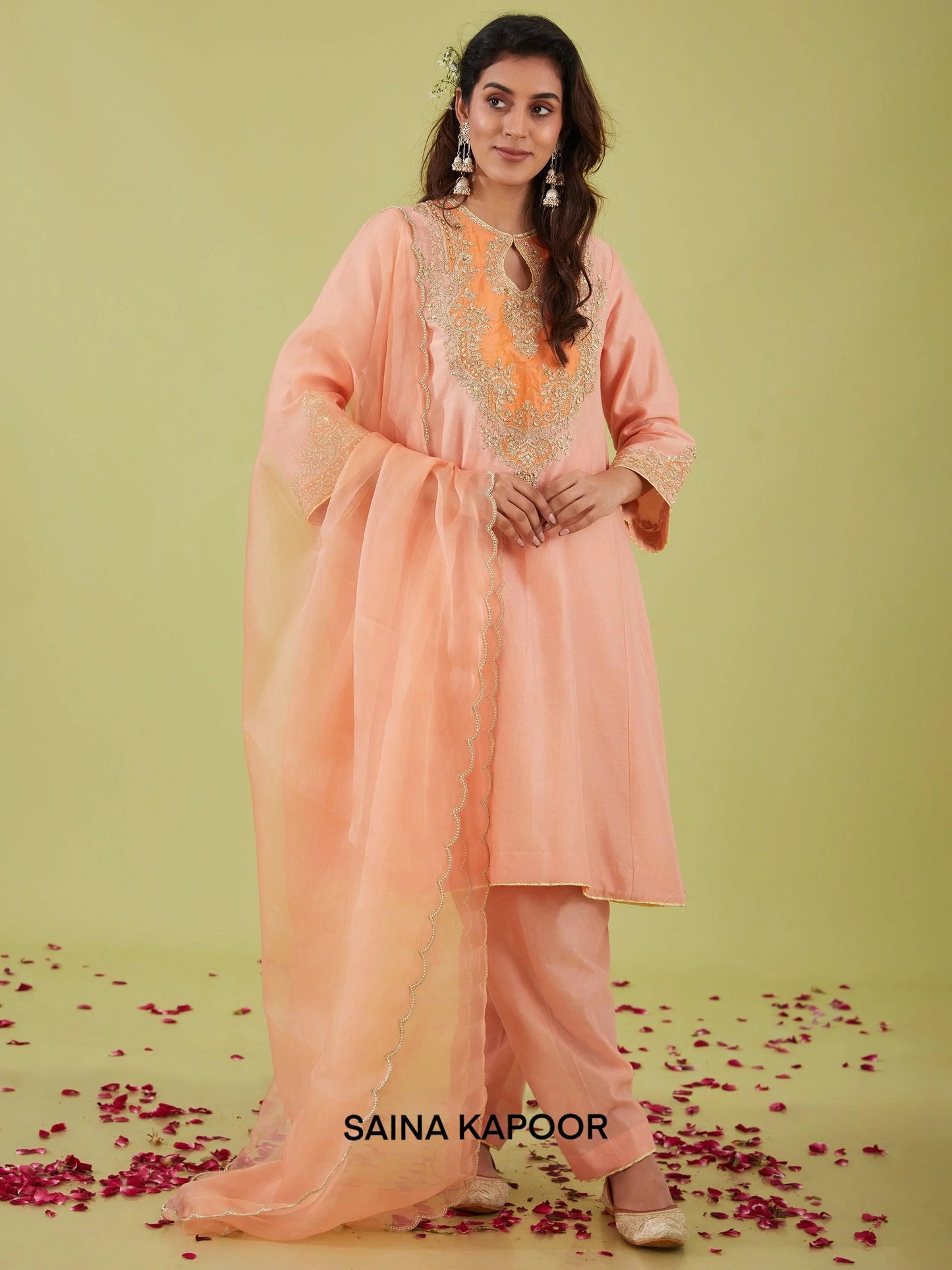 Peach Pink Chanderi Short Kalidar Kurta with Salwar & Organza Dupatta - Saina Kapoor
