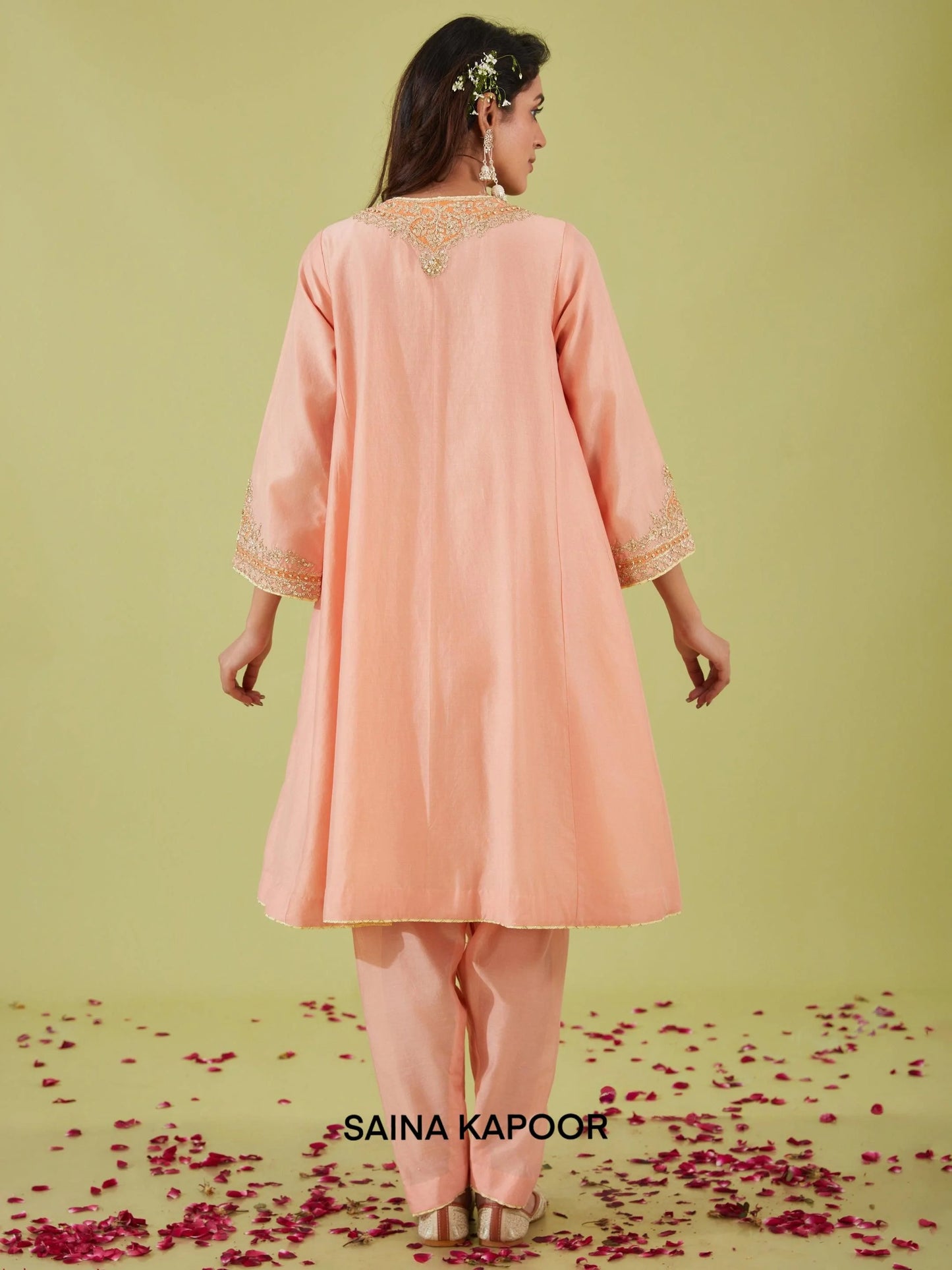 Peach Pink Chanderi Short Kalidar Kurta back view with Salwar & Dupatta - Saina Kapoor