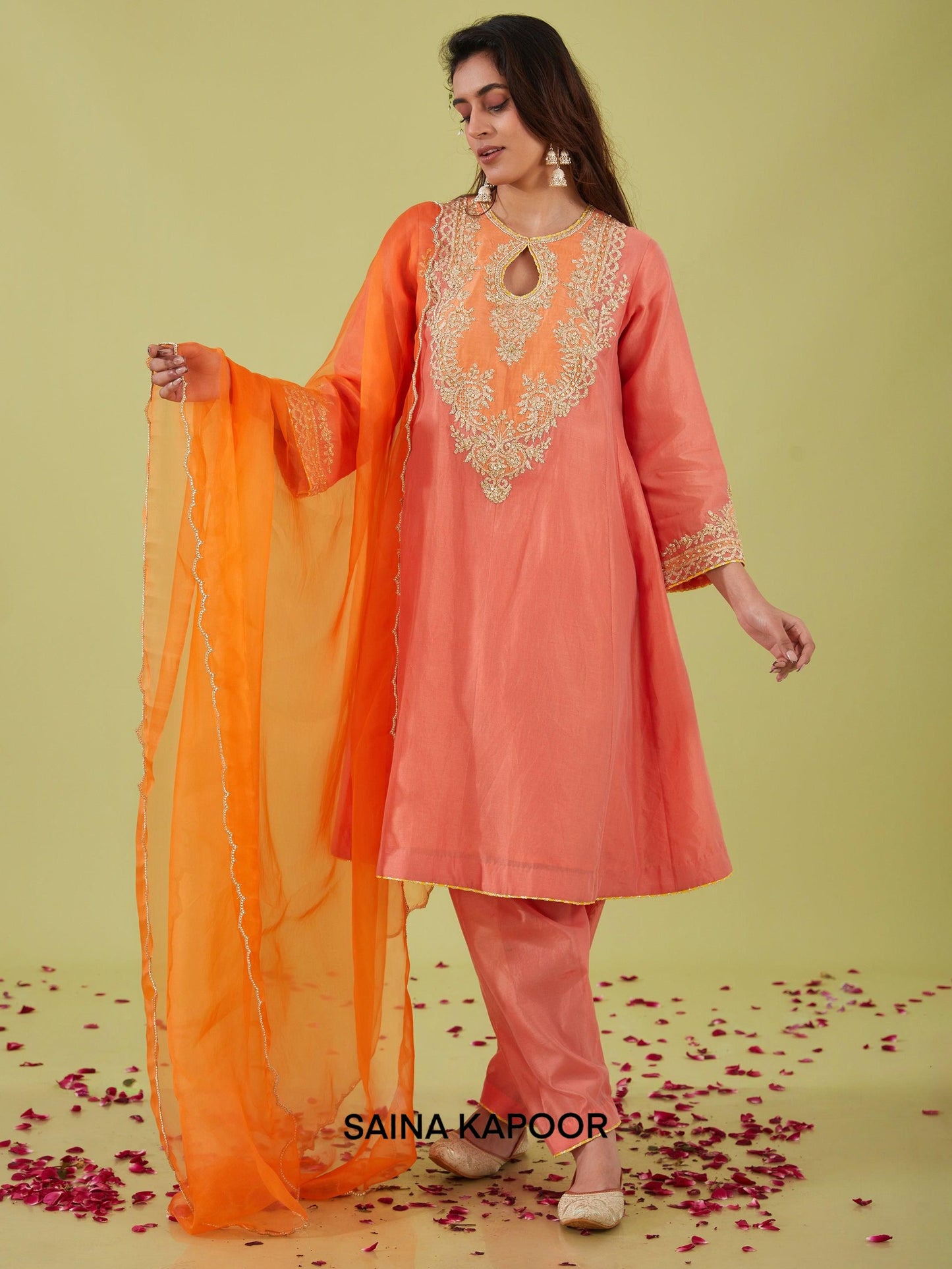 RUST PINK SHORT KALIDAR KURTA WITH SALWAR AND ORANGE DUPATTA - SAINA KAPOOR
