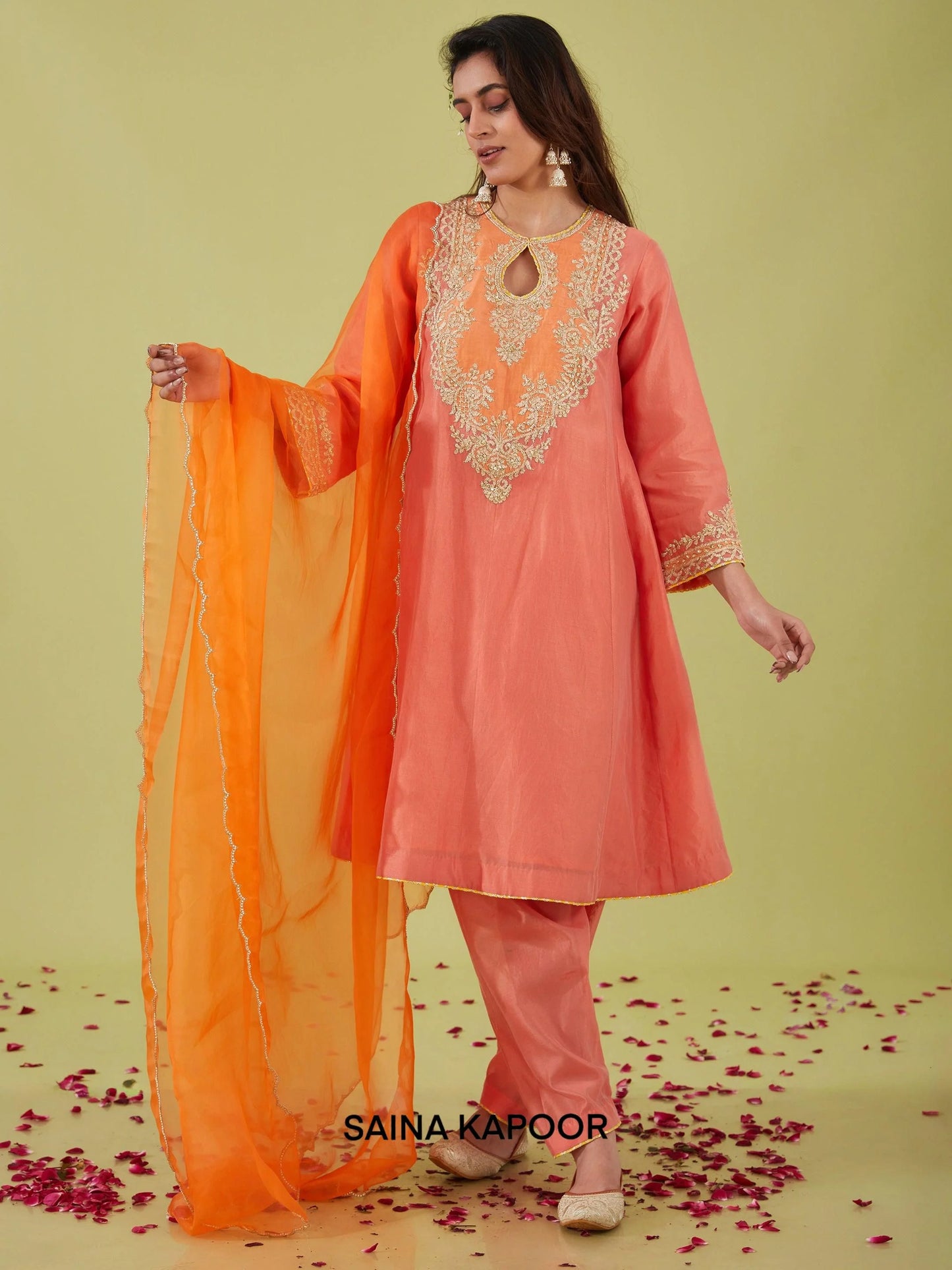Rust Pink Chanderi Kalidar Kurta with Salwar & Orange Organza Dupatta - Saina Kapoor
