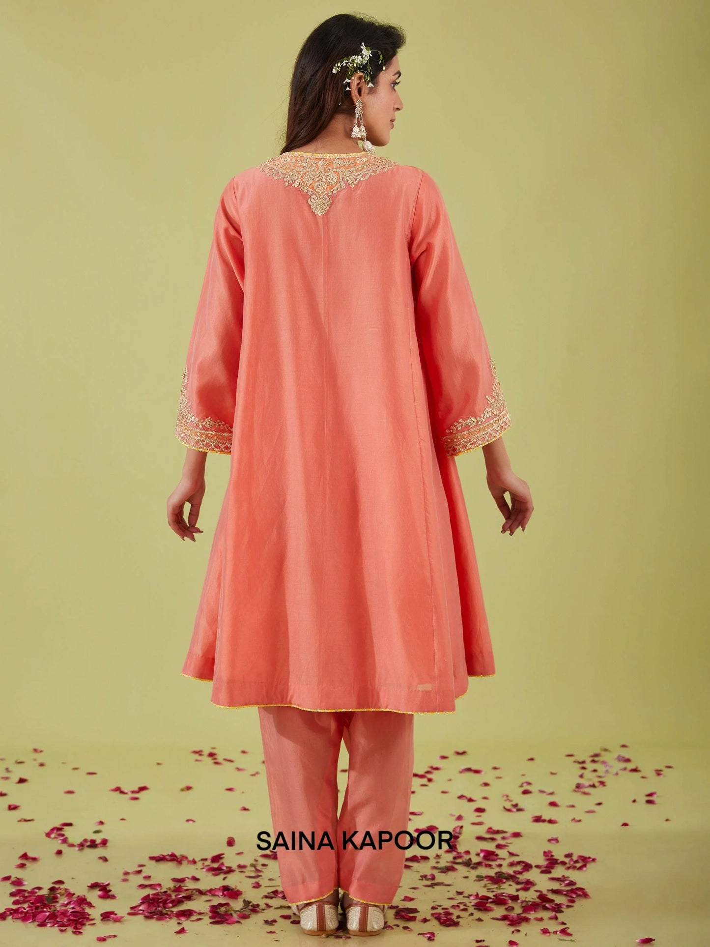 Rust Pink Chanderi Kalidar Kurta back view with Salwar & Orange Dupatta - Saina Kapoor