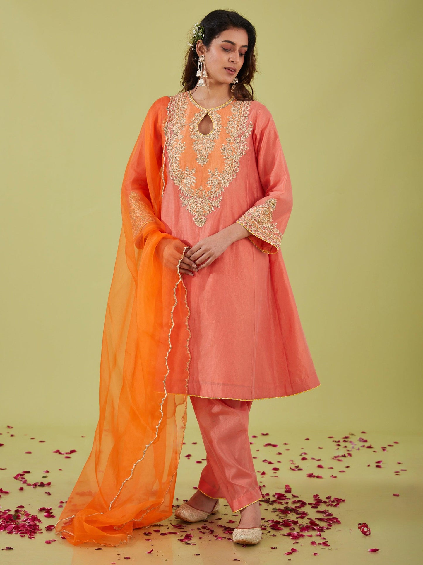 RUST PINK SHORT KALIDAR KURTA WITH SALWAR AND ORANGE DUPATTA - Preeti s kapoor