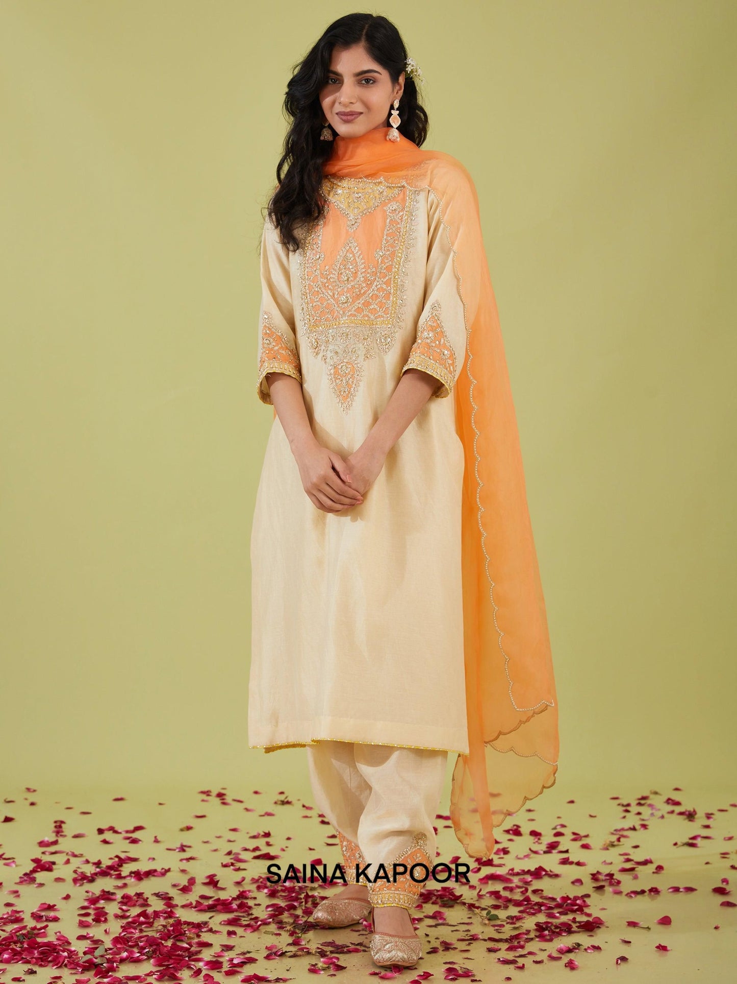 WHITE LONG KURTA WITH SALWAR AND PEACH DUPATTA - SAINA KAPOOR