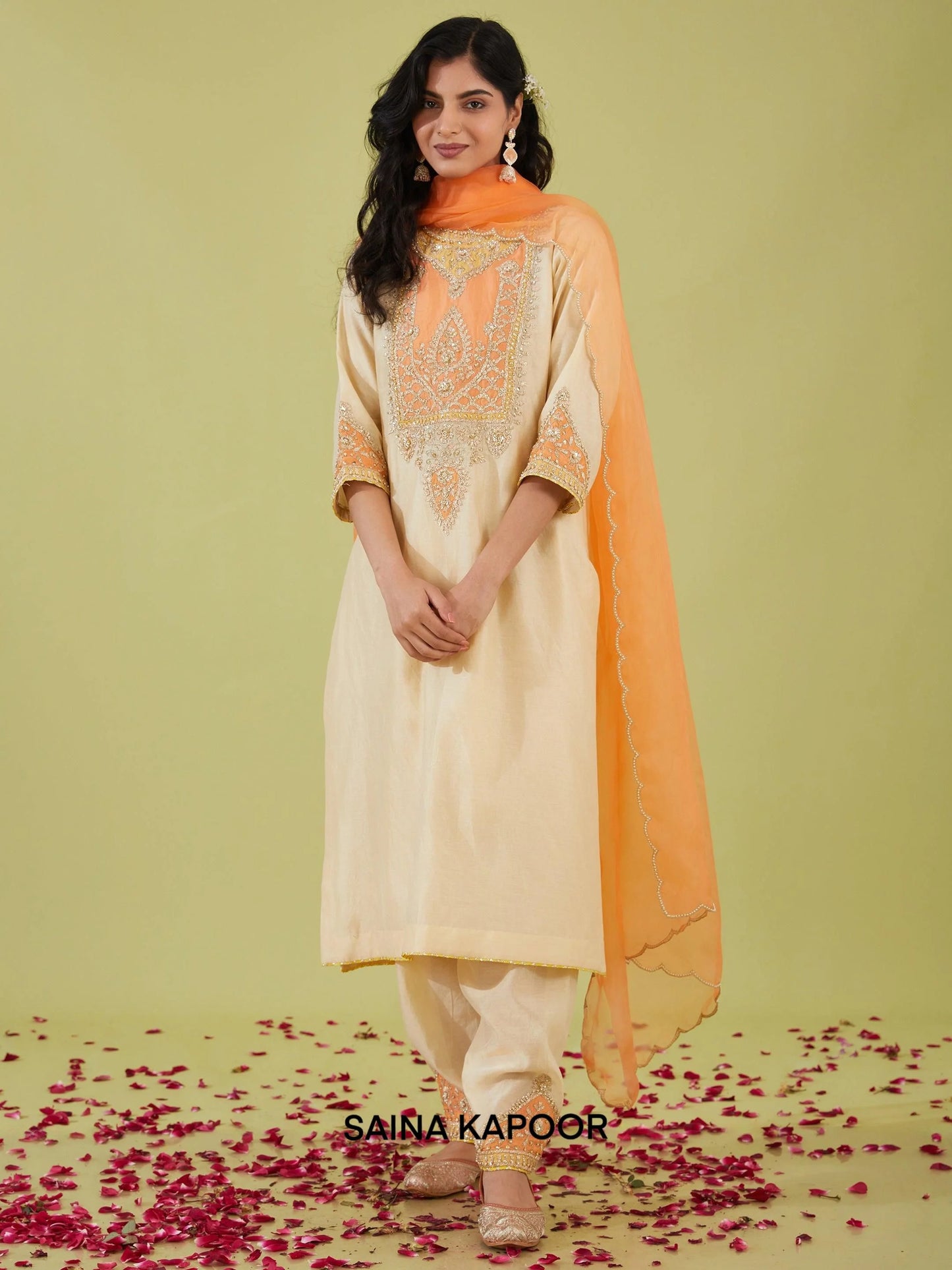 Ivory Chanderi Long Kurta with Salwar & Peach Organza Dupatta - Saina Kapoor