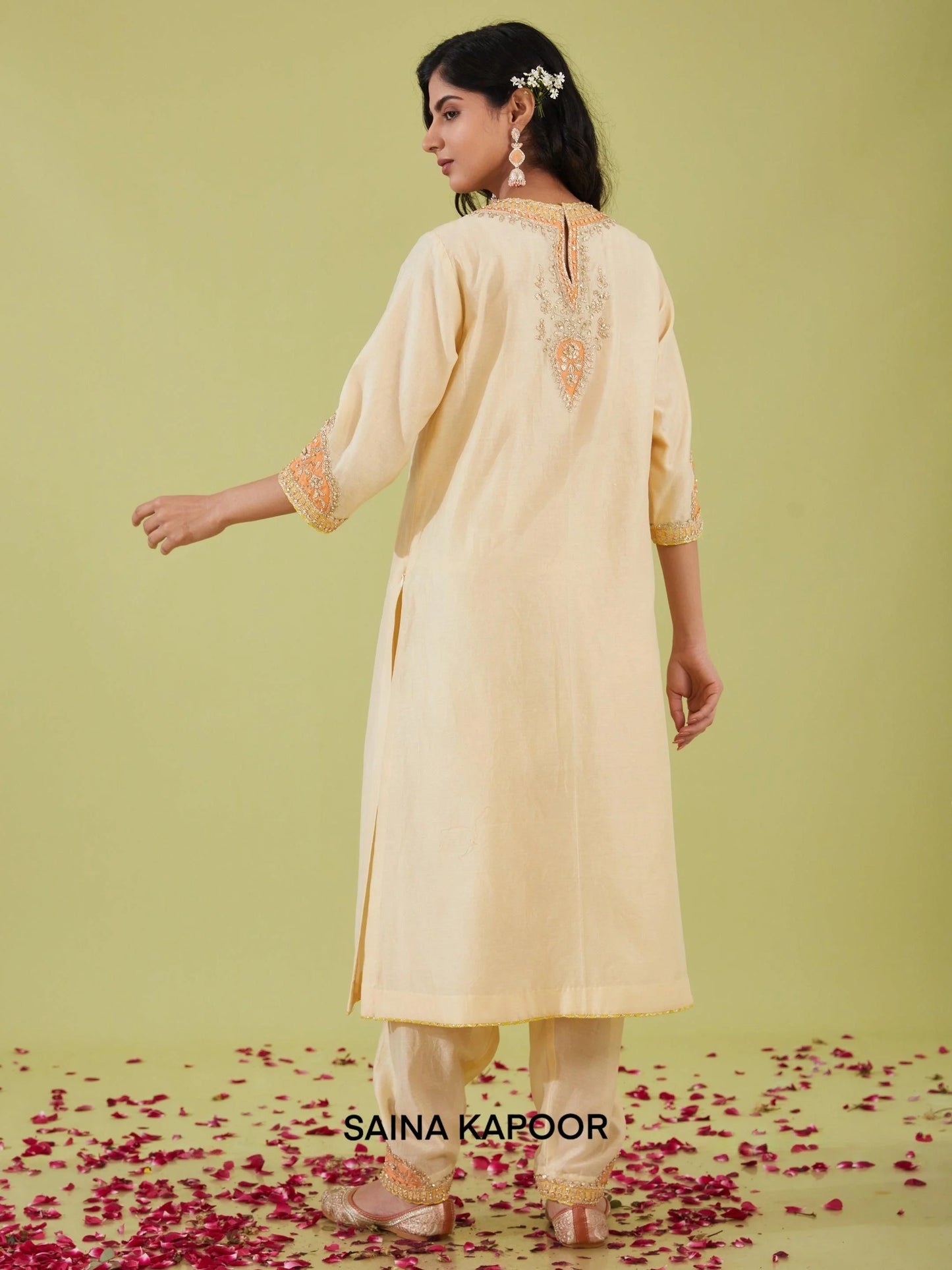 Ivory Chanderi Long Kurta back view with Salwar & Peach Dupatta - Saina Kapoor