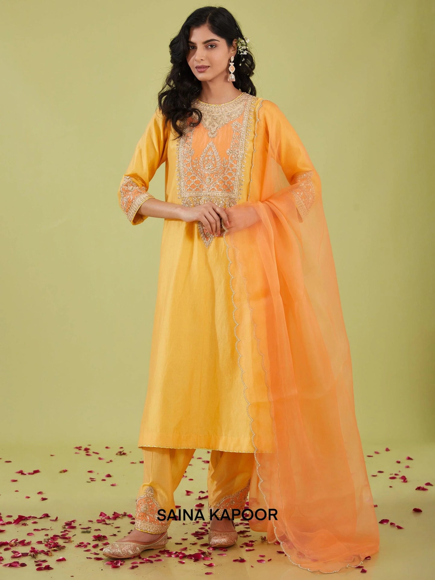 Yellow Chanderi Long Kurta with Salwar & Peach Organza Dupatta - Saina Kapoor