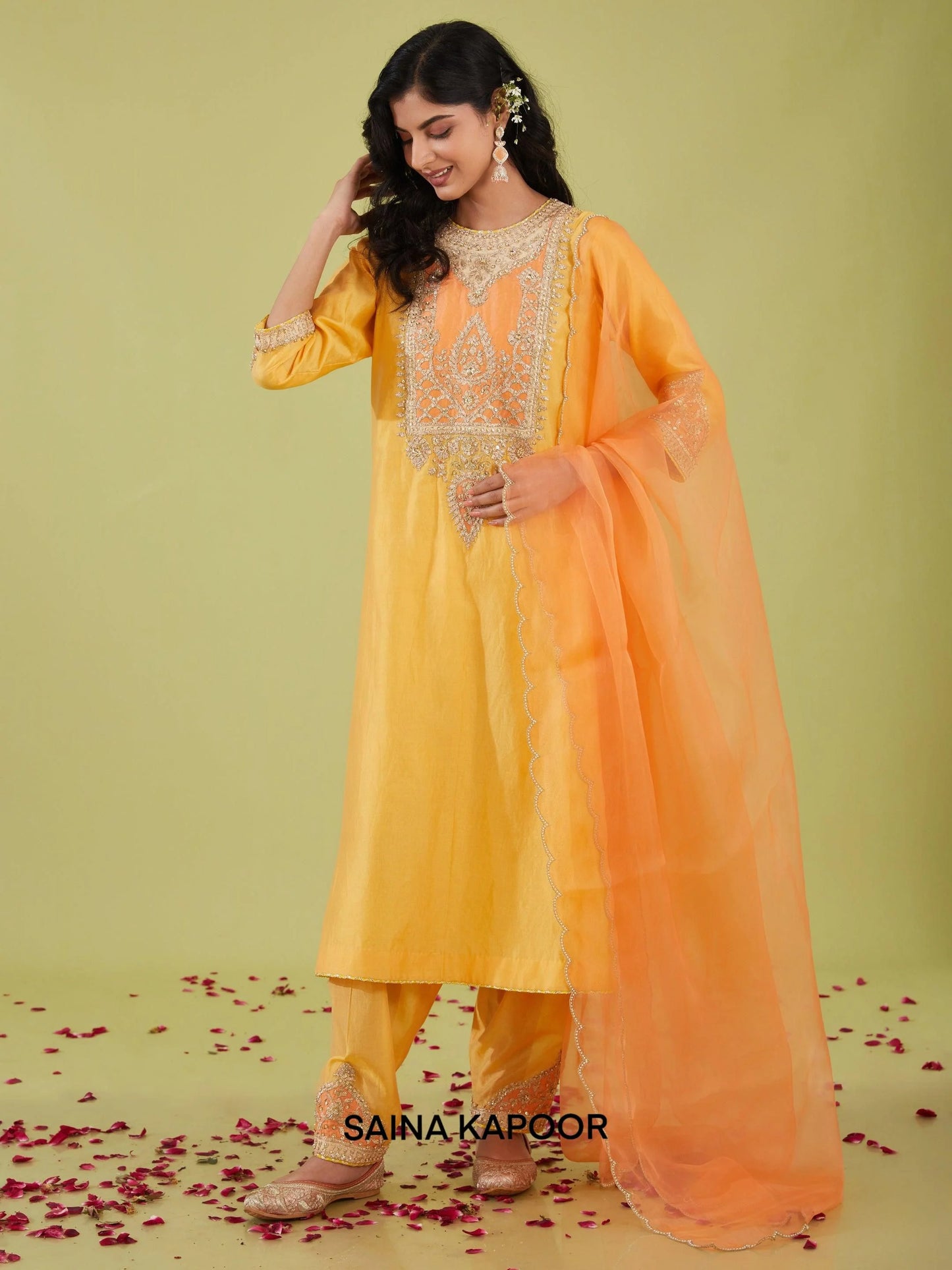 Yellow Long Kurta front angle view with Peach Dupatta - Saina Kapoor