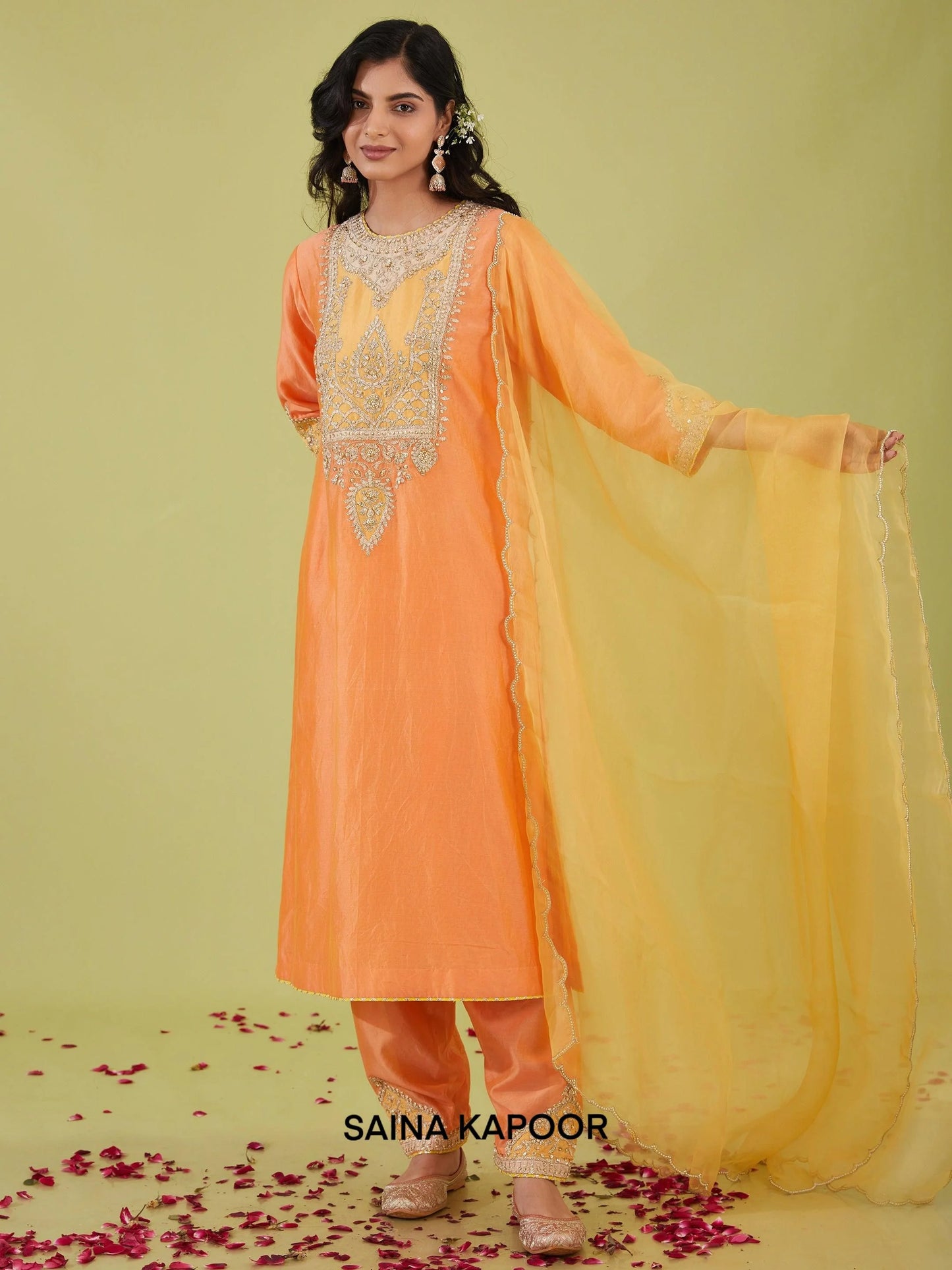 Peach Chanderi Long Kurta with Salwar & Yellow Organza Dupatta - Saina Kapoor