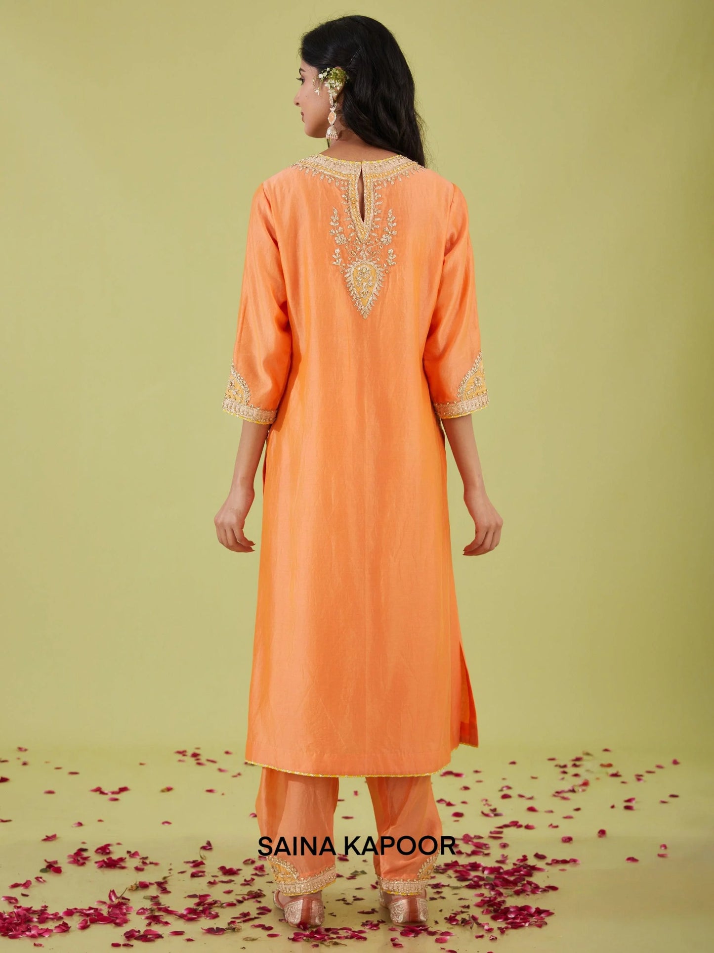 Peach Chanderi Long Kurta back view with Salwar & Yellow Dupatta - Saina Kapoor
