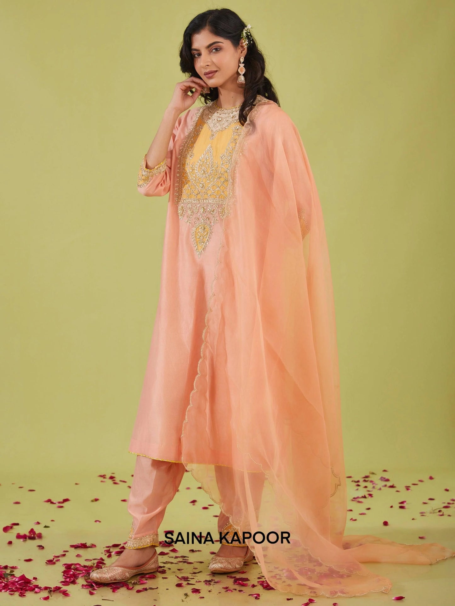 Peach Pink Chanderi Long Kurta with Salwar & Peach Pink Organza Dupatta - Saina Kapoor