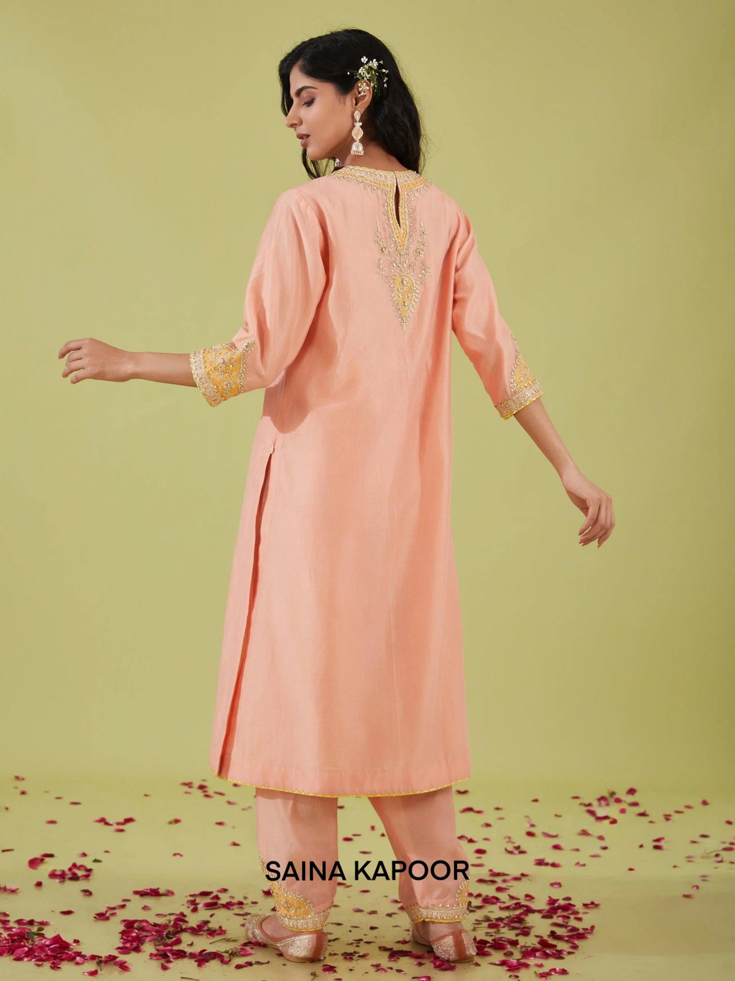 Peach Pink Chanderi Long Kurta back view with Salwar & Dupatta - Saina Kapoor