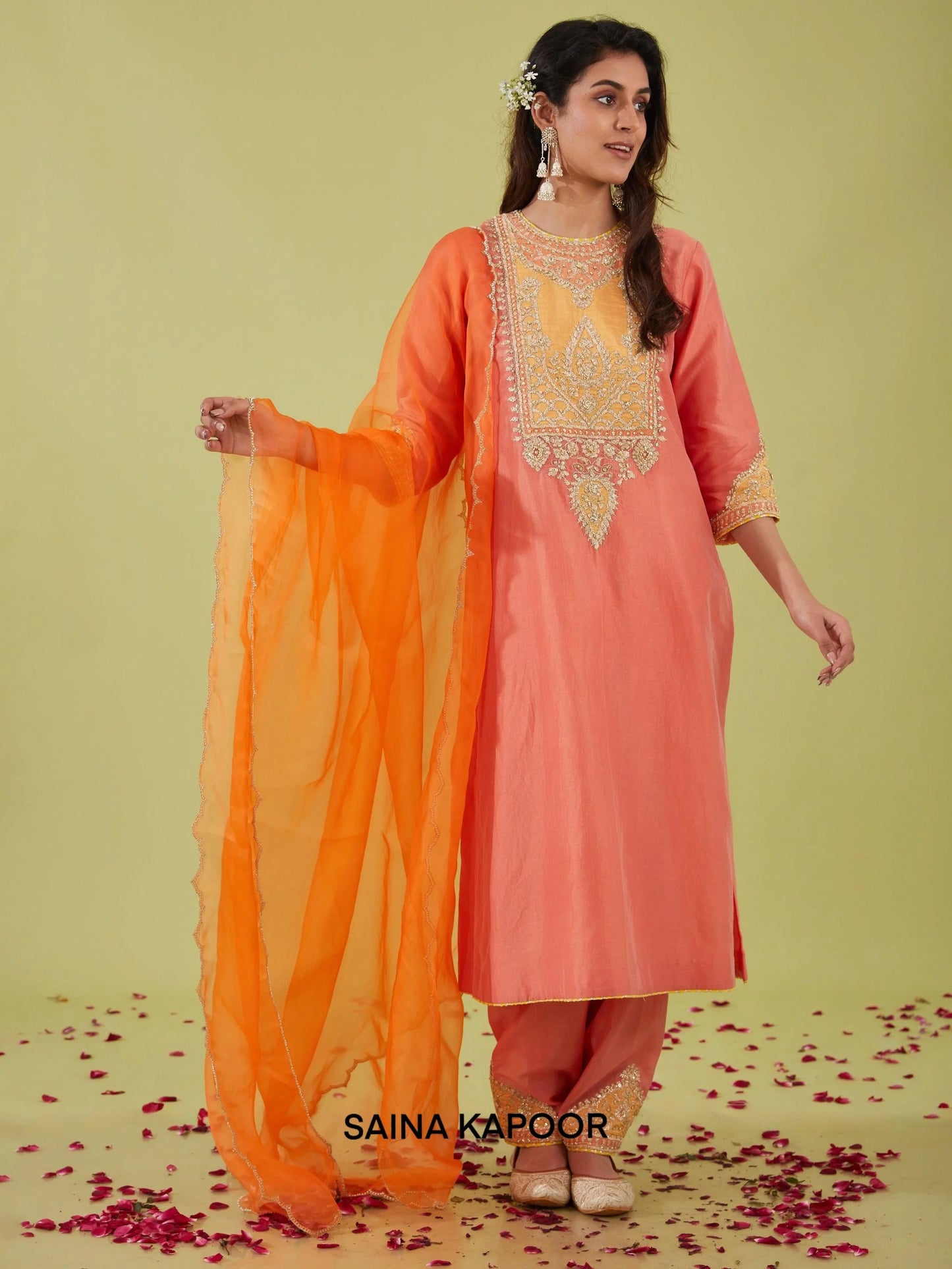 Rust Pink Chanderi Long Kurta with Salwar & Orange Organza Dupatta - Saina Kapoor