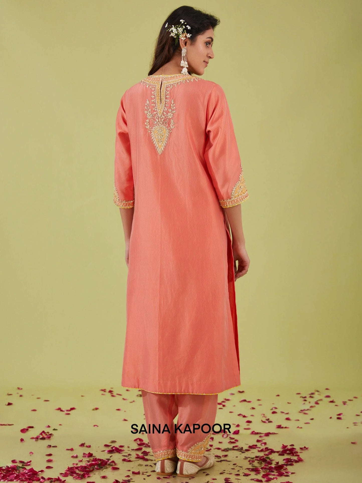 Rust Pink Chanderi Long Kurta back view with Salwar & Orange Dupatta - Saina Kapoor