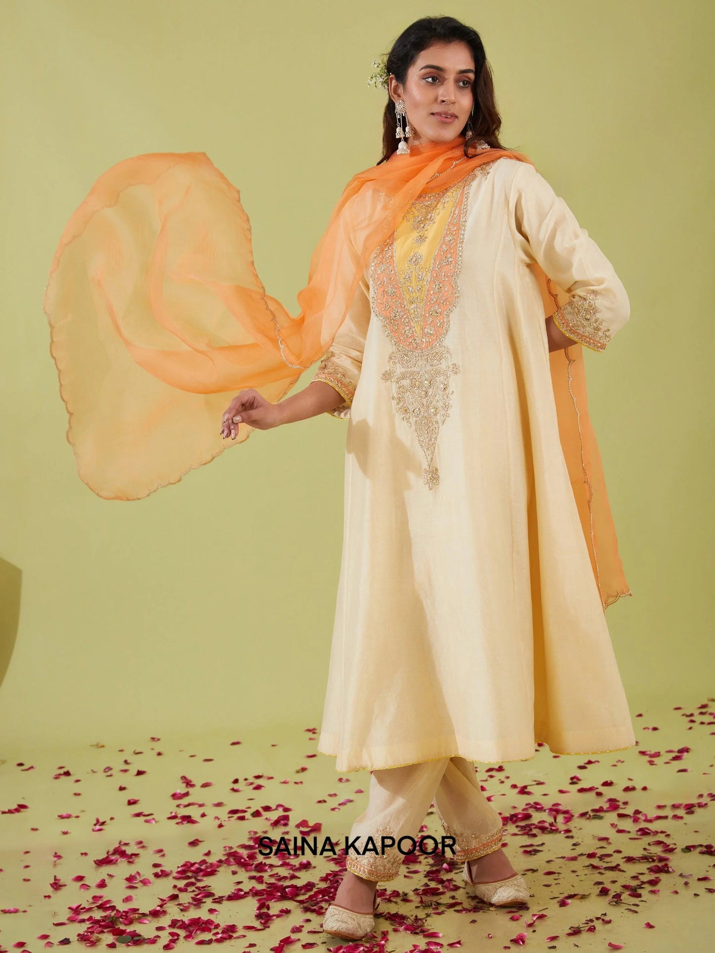 Ivory Chanderi Long Kalidar Kurta with Salwar & Peach Organza Dupatta - Saina Kapoor