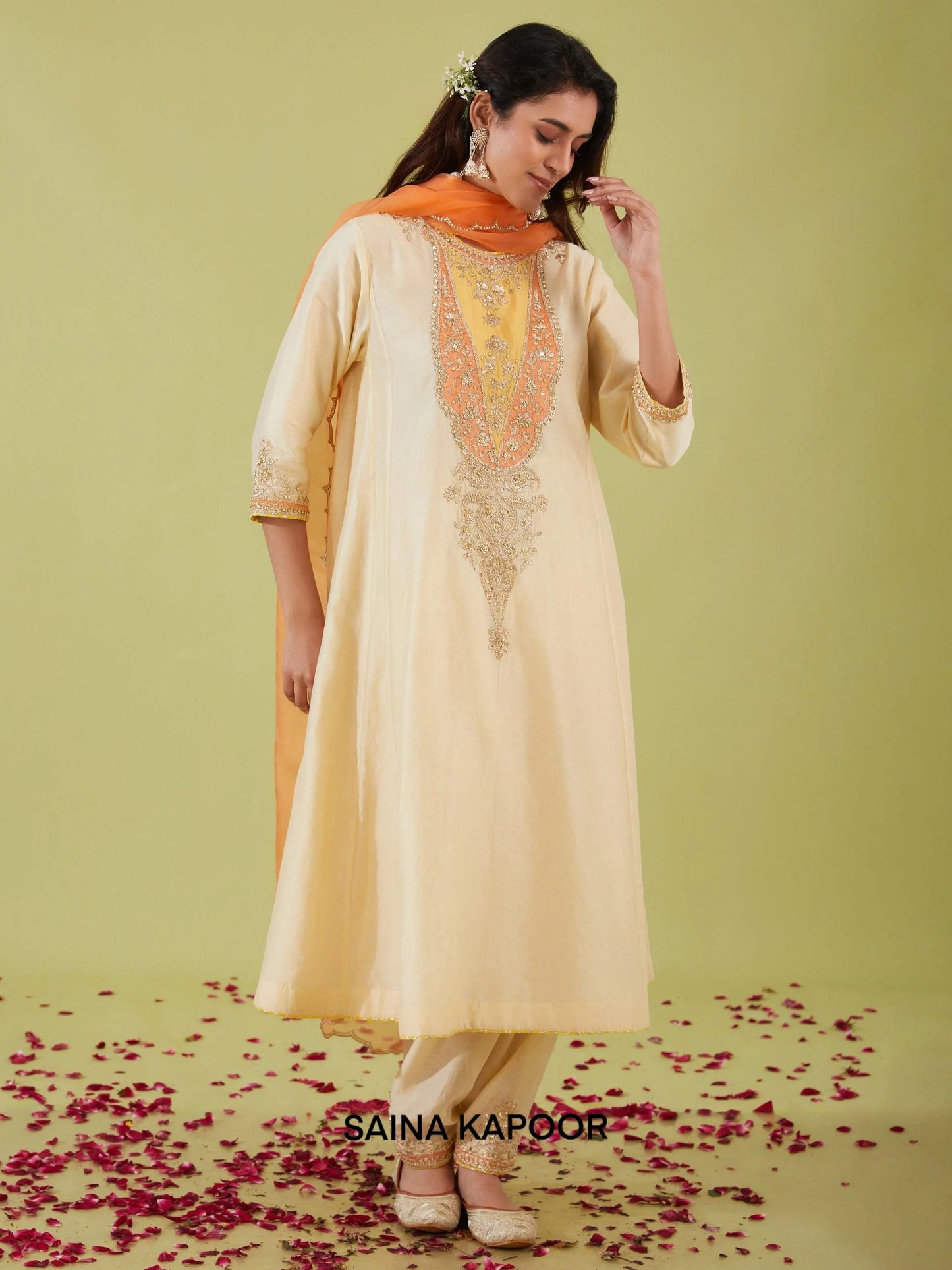 Ivory Long Kalidar Kurta front angle view with Peach Dupatta - Saina Kapoor