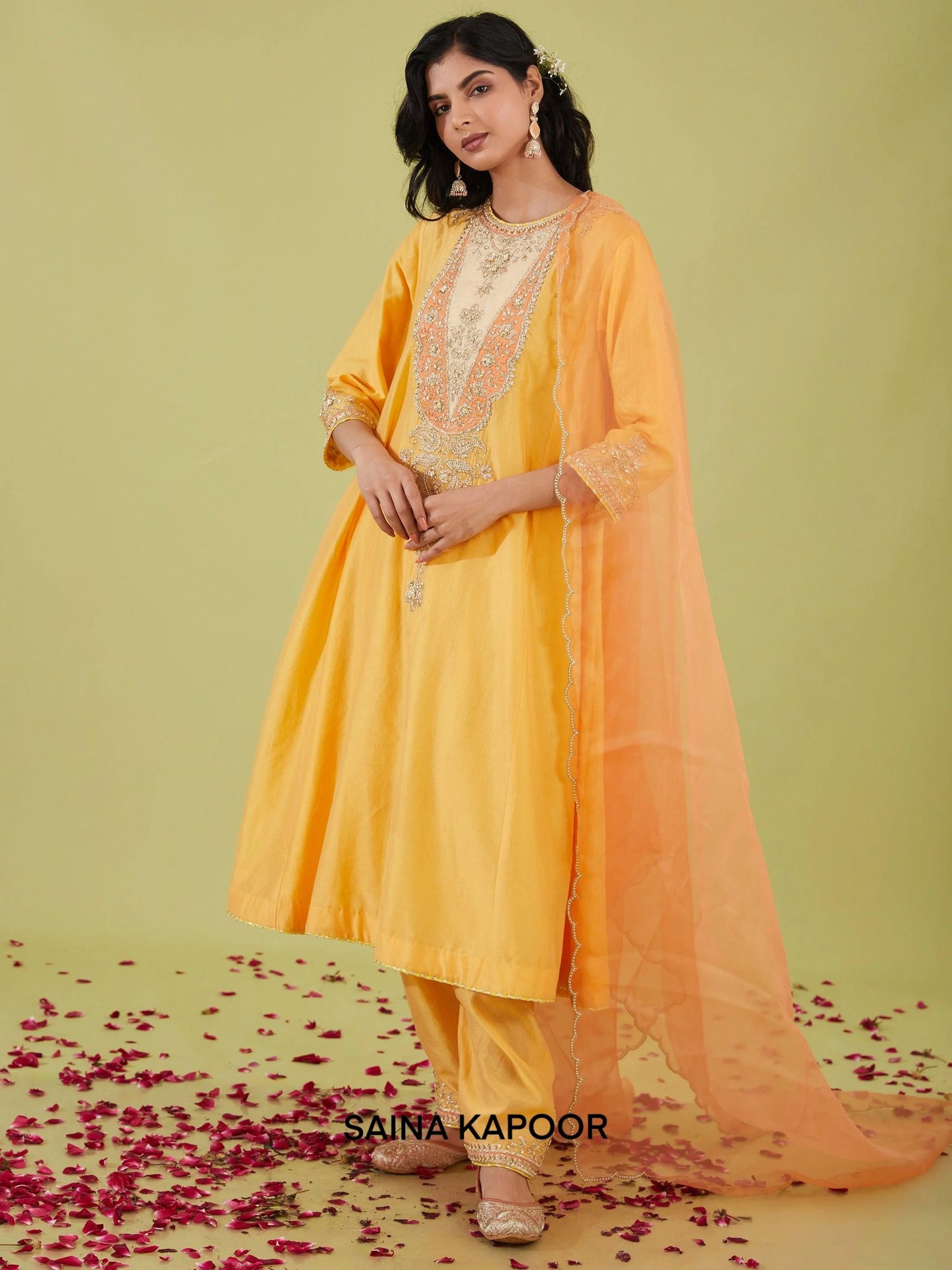 Yellow Chanderi Long Kalidar Kurta with Salwar & Peach Organza Dupatta - Saina Kapoor