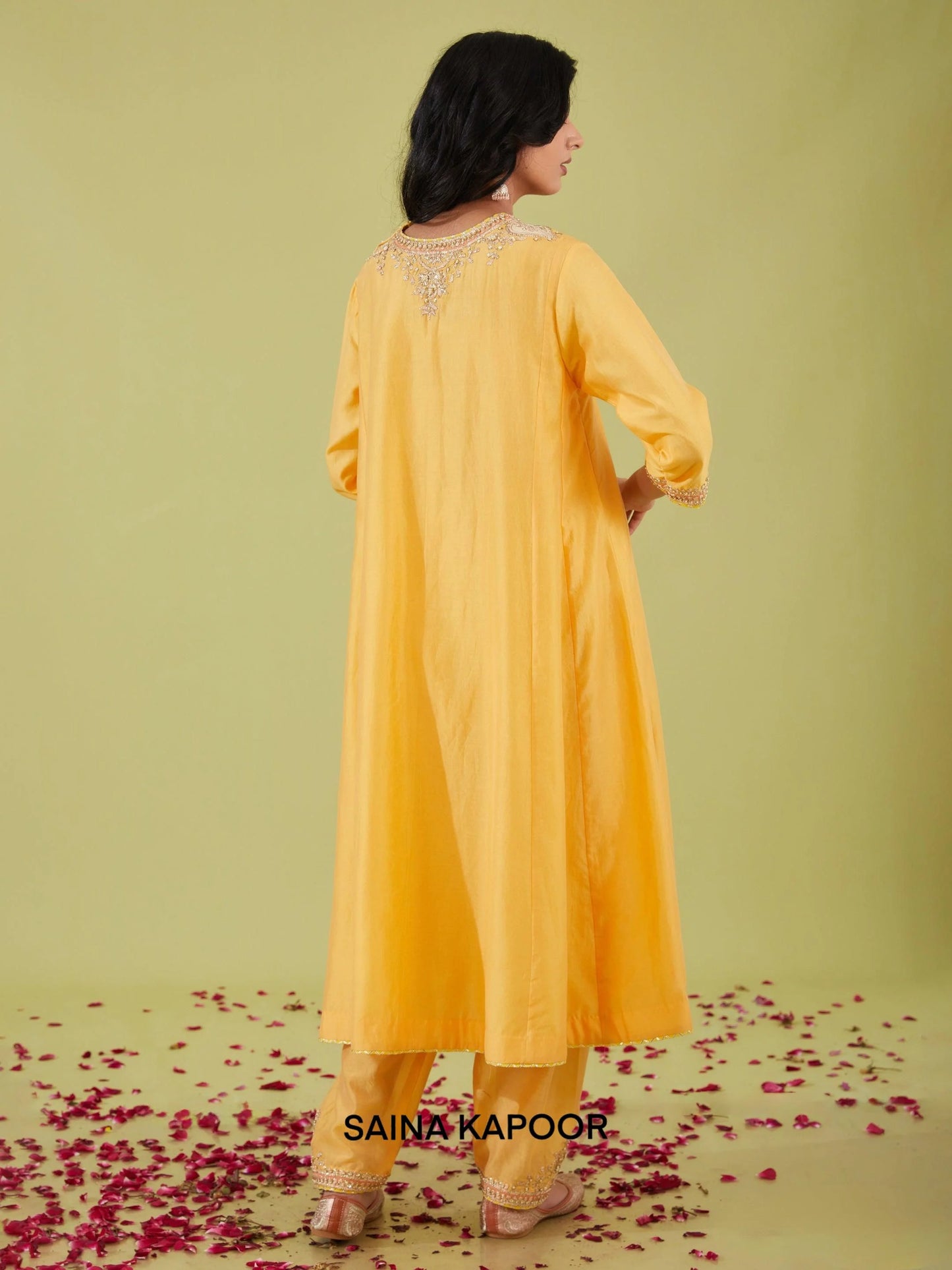 Yellow Chanderi Long Kalidar Kurta back view with Salwar & Peach Dupatta - Saina Kapoor