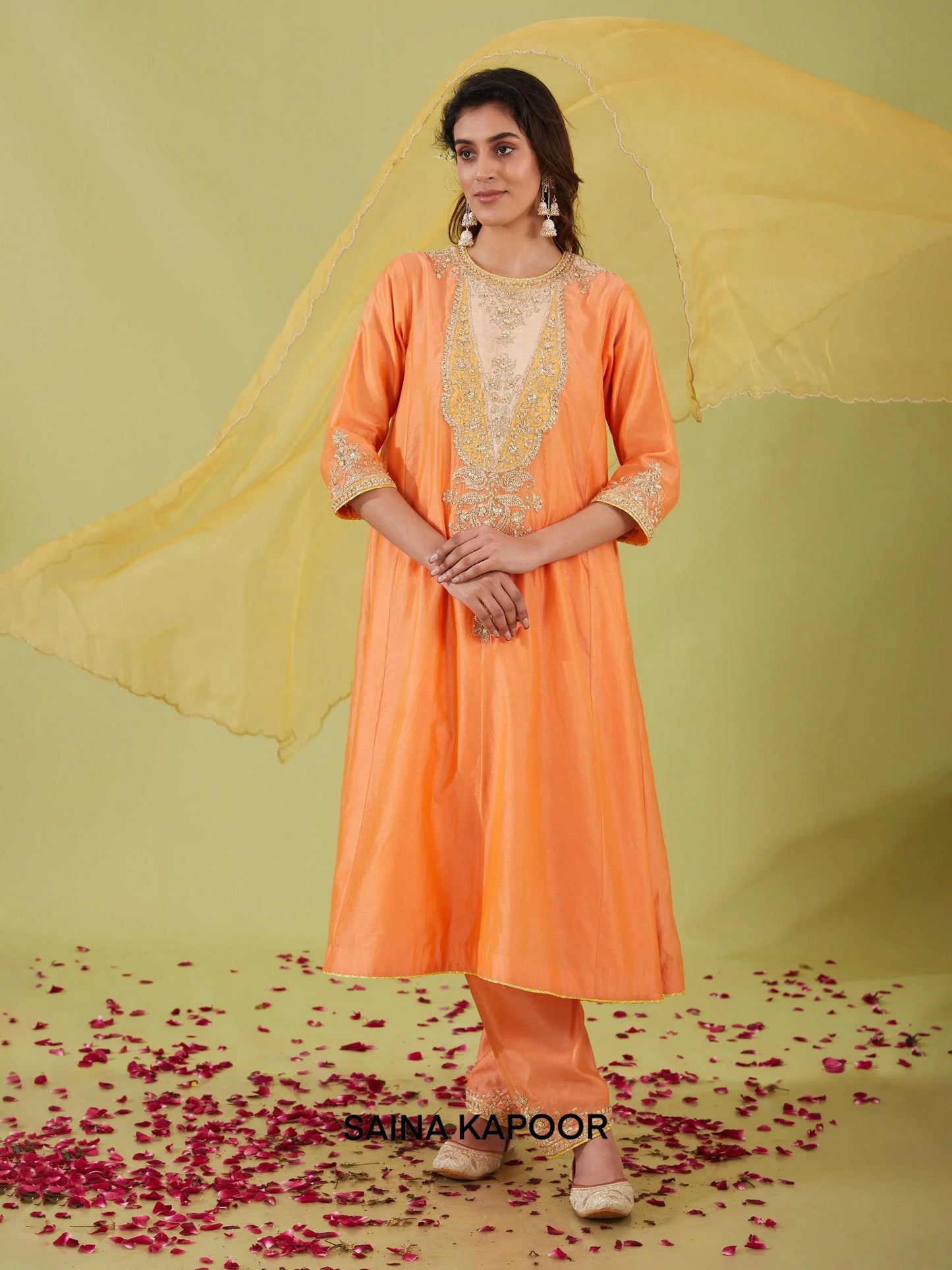 Peach Chanderi Long Kalidar Kurta with Salwar & Yellow Organza Dupatta - Saina Kapoor