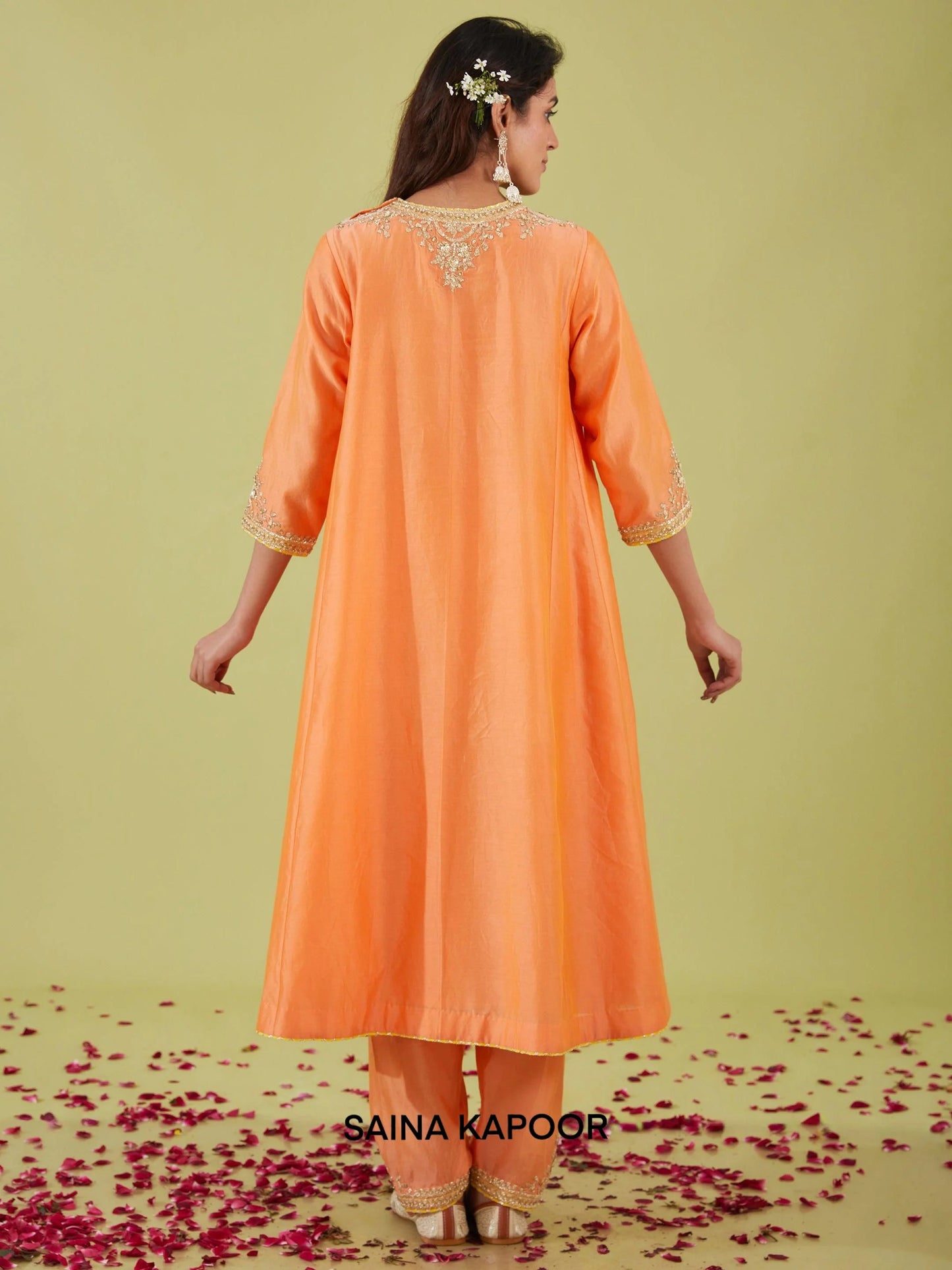 Peach Chanderi Long Kalidar Kurta back view with Salwar & Yellow Dupatta - Saina Kapoor